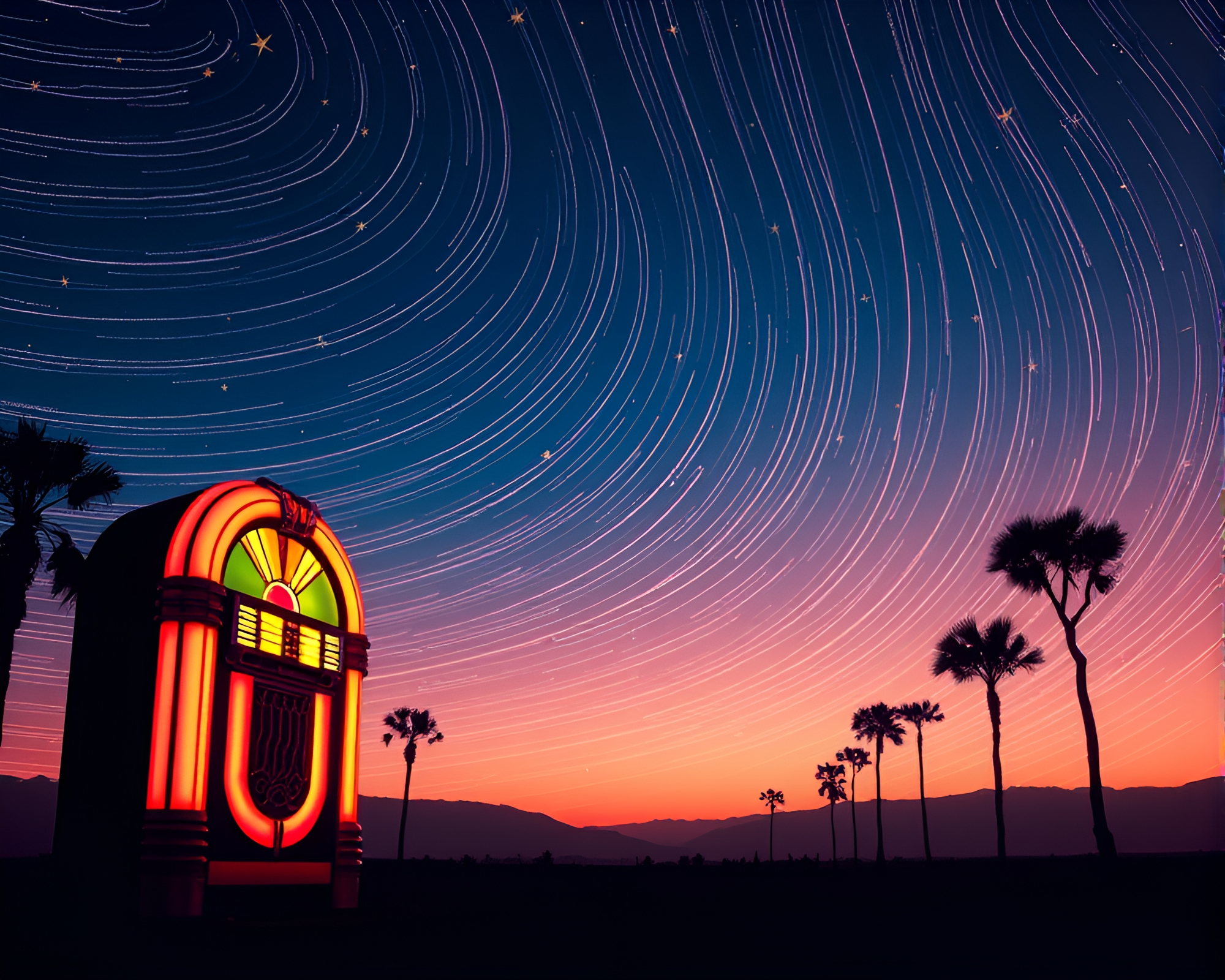 Retro Jukebox Star Trails in Peachy Glow – free AI stock image