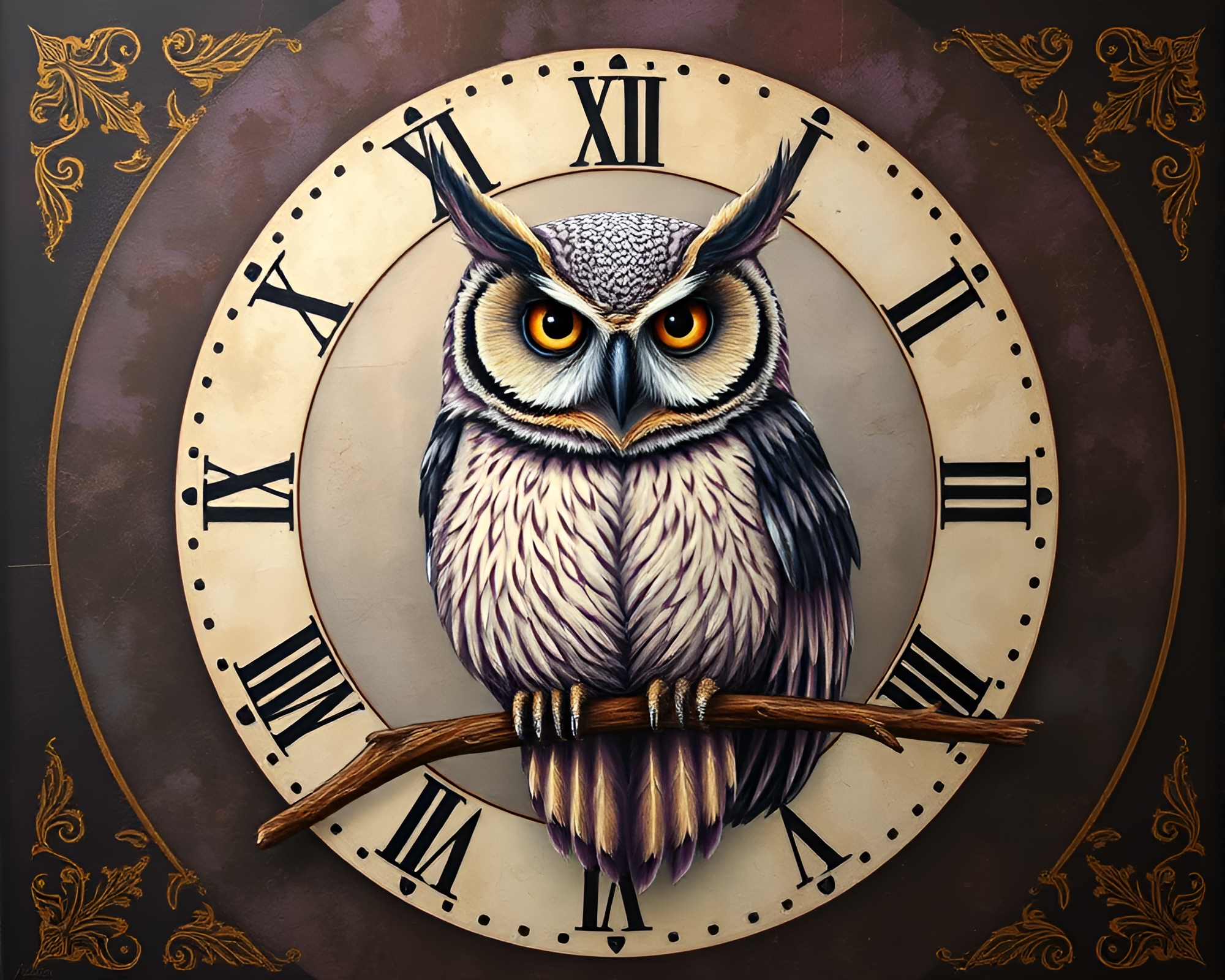 Clockwork Owl in Amethyst Fresco Painting Composition – free AI stock image