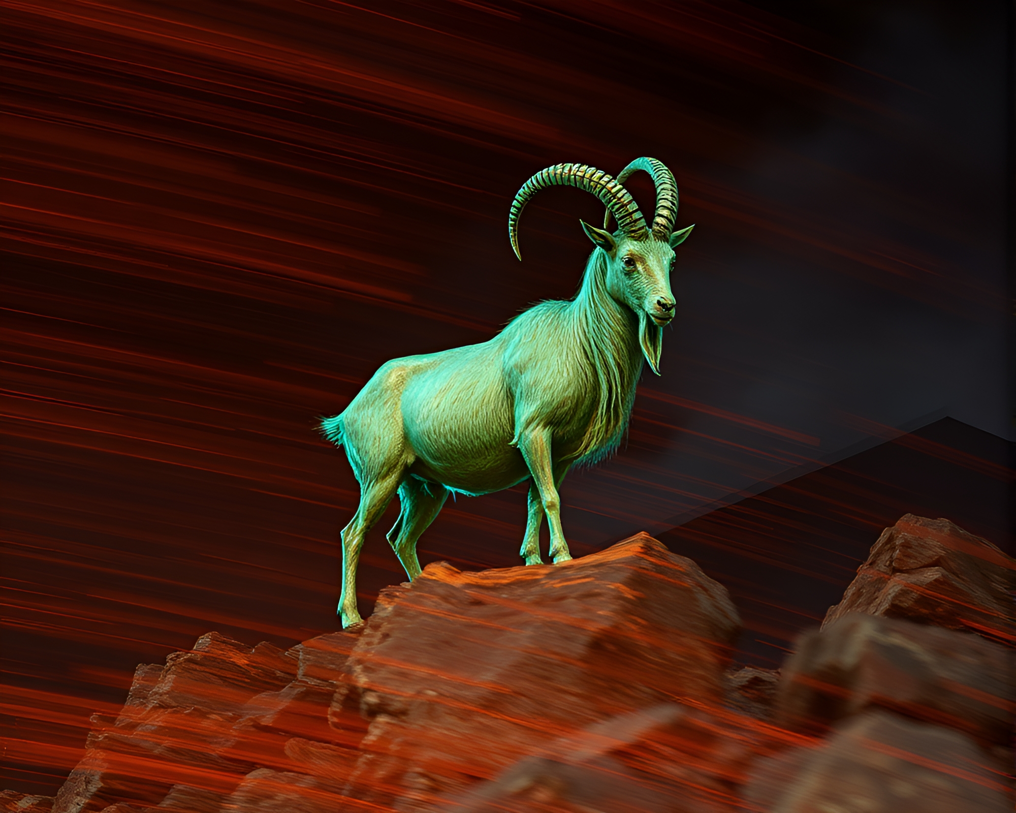 Copper Verdigris Mountain Goat in Motion Blur – free AI stock image