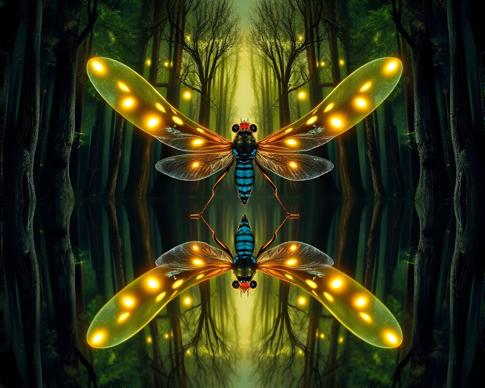Mirror symmetry medical illustration of forest aglow with firefly luminescence