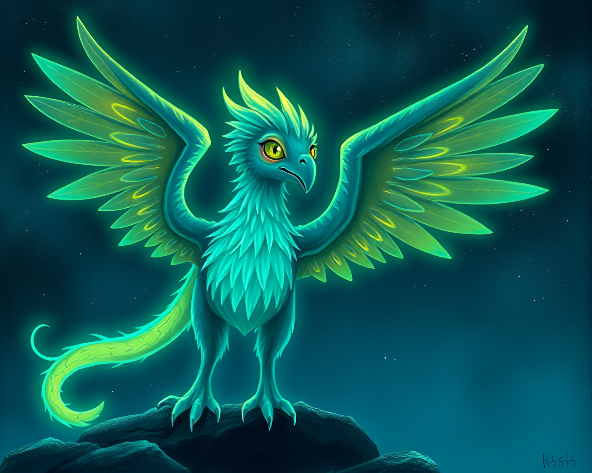 Gryphon in Bioluminescent Forest – free AI stock image