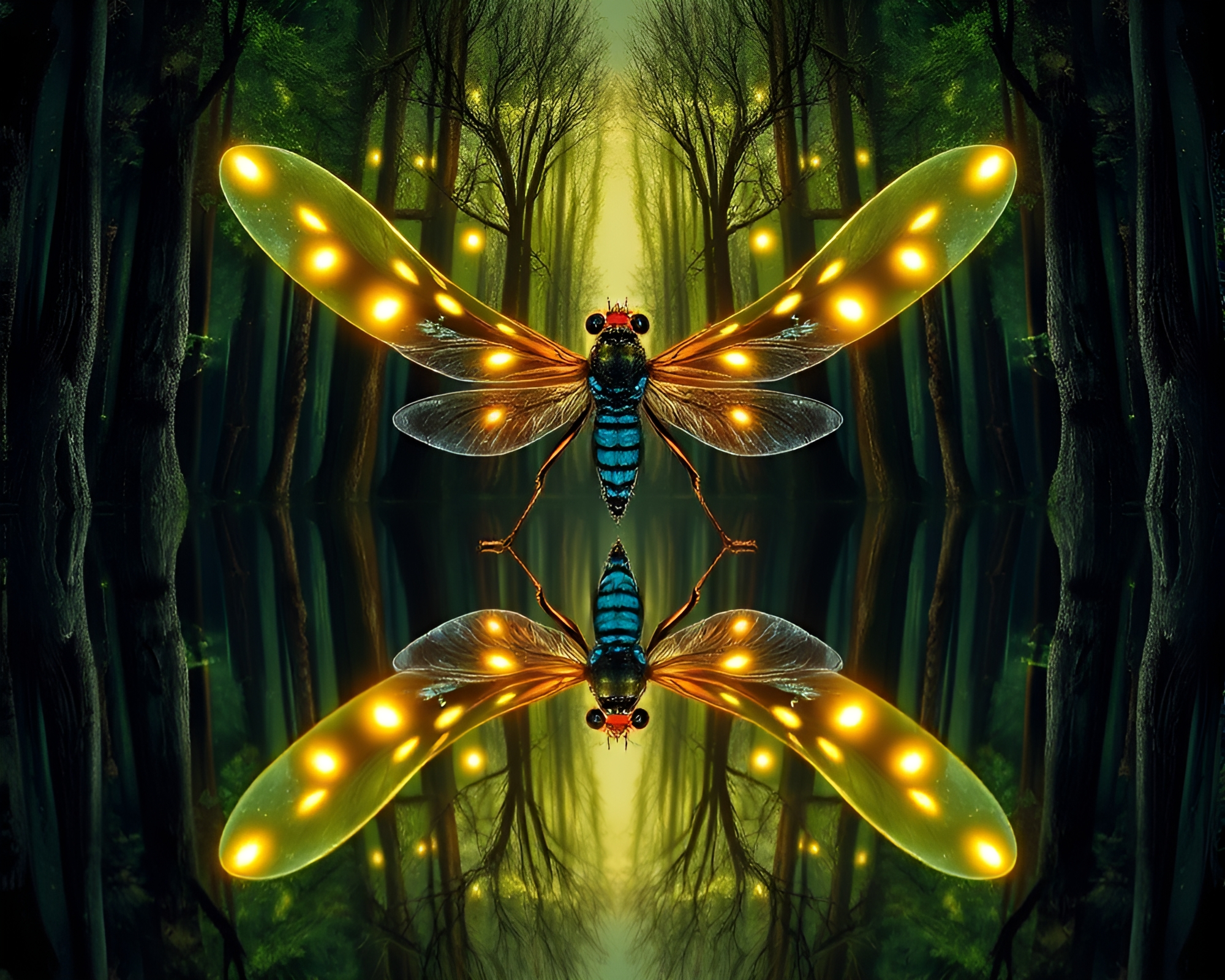 Symmetrical Forest Glowing with Fireflies – free AI stock image