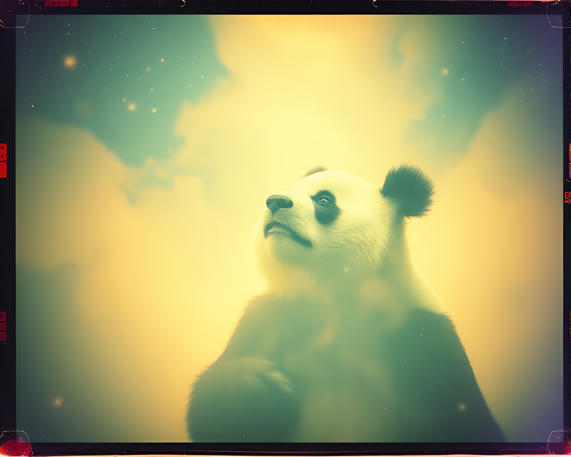 Panda interstellar voyage in cosmic Polaroid frame – free AI stock image