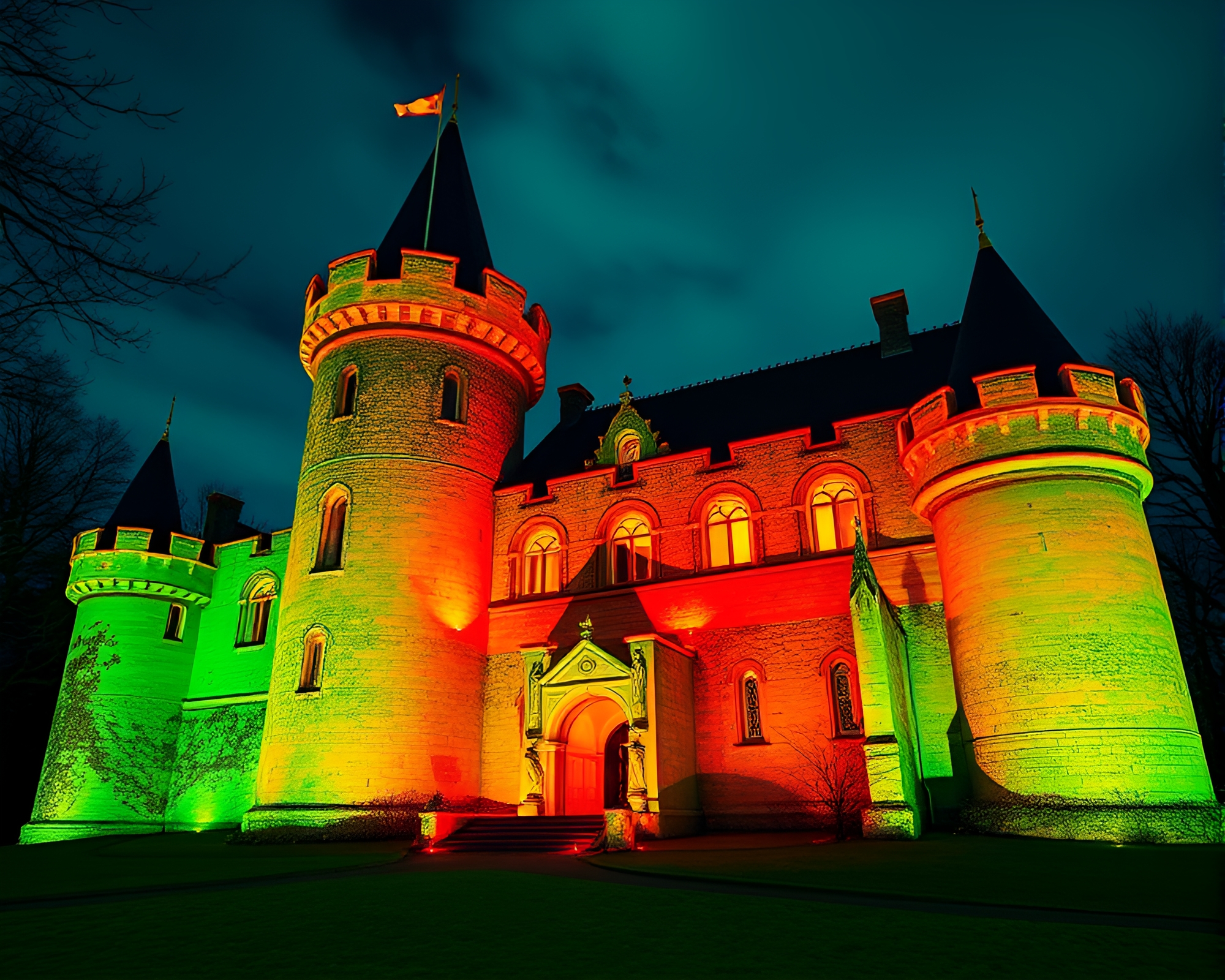 Glowing Castle in Thermal Vision from Aerial View – free AI stock image