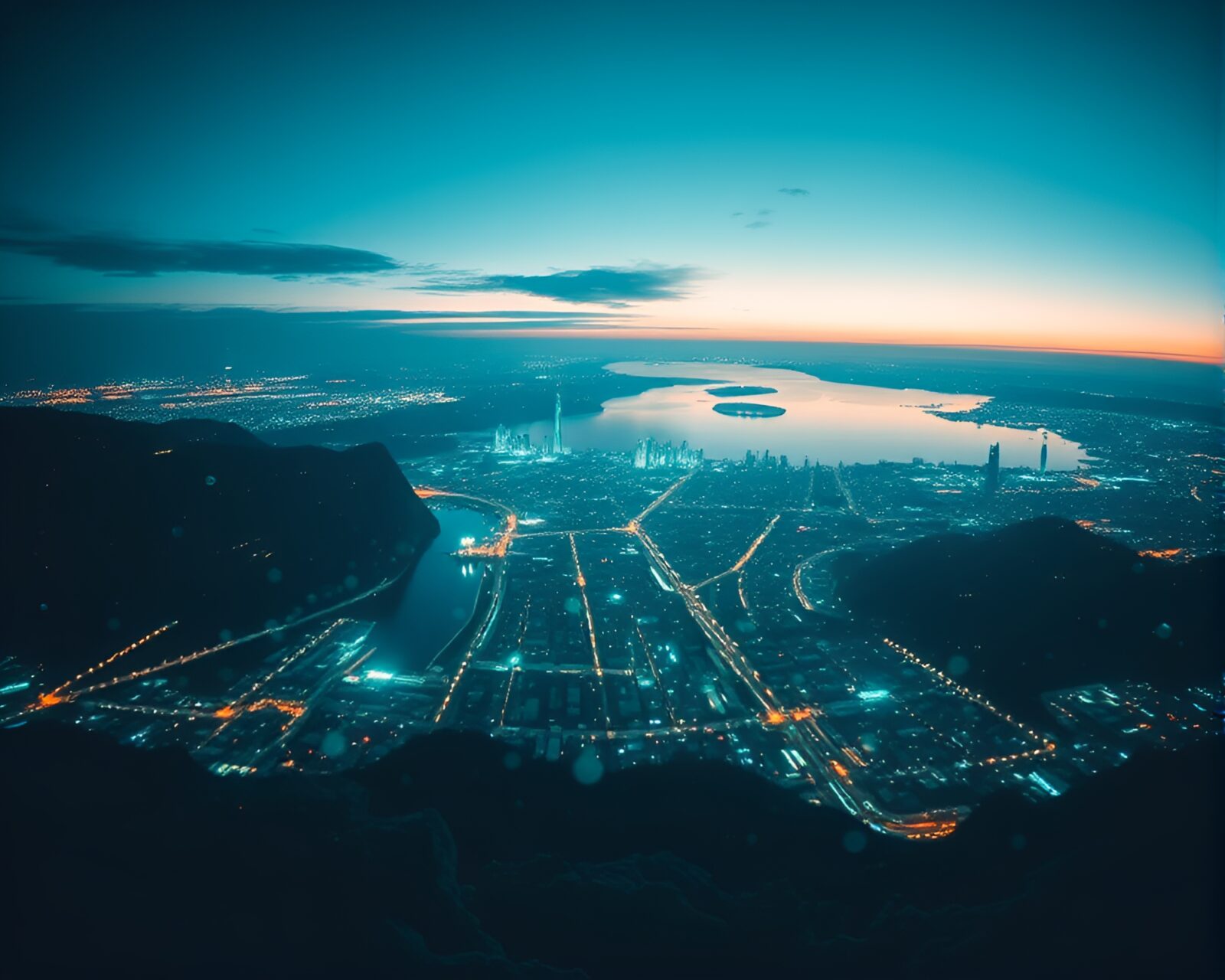 Double exposure photo of nanobots swirling in serene teal light