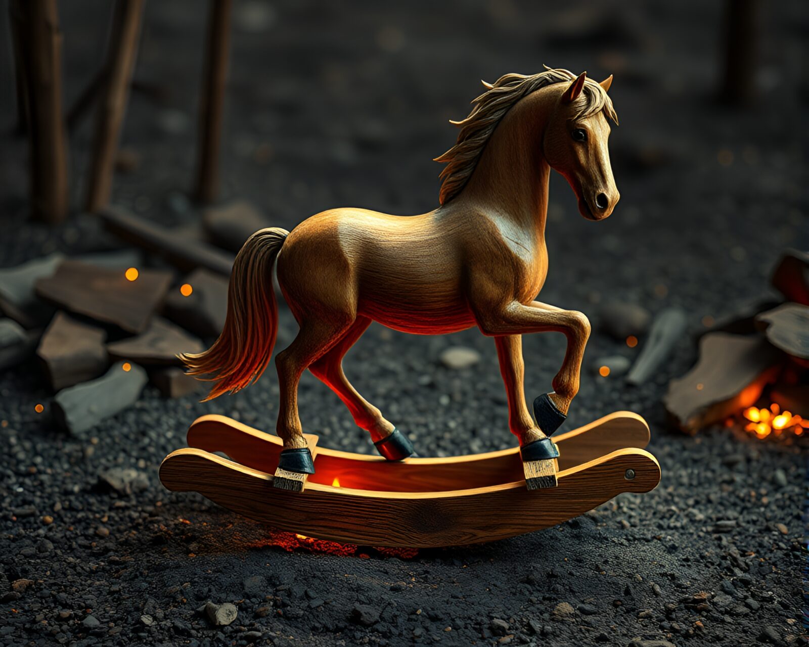 Floating embers around a stereoscopic wooden rocking horse