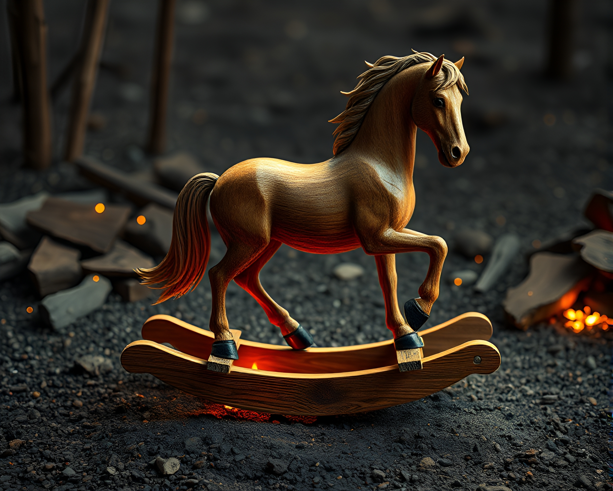 Surrealistic 3D Wooden Rocking Horse Embers – free AI stock image