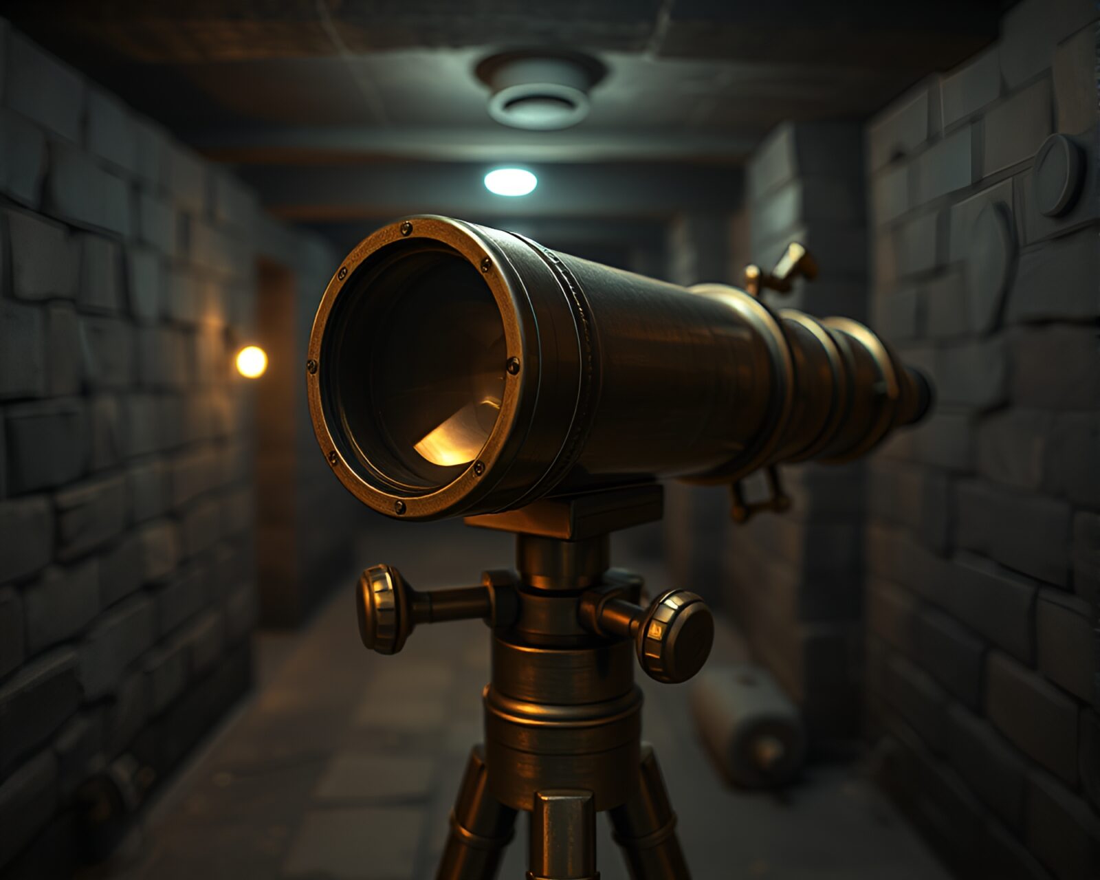 Gloomy basement holds aged brass telescope with bronze patina