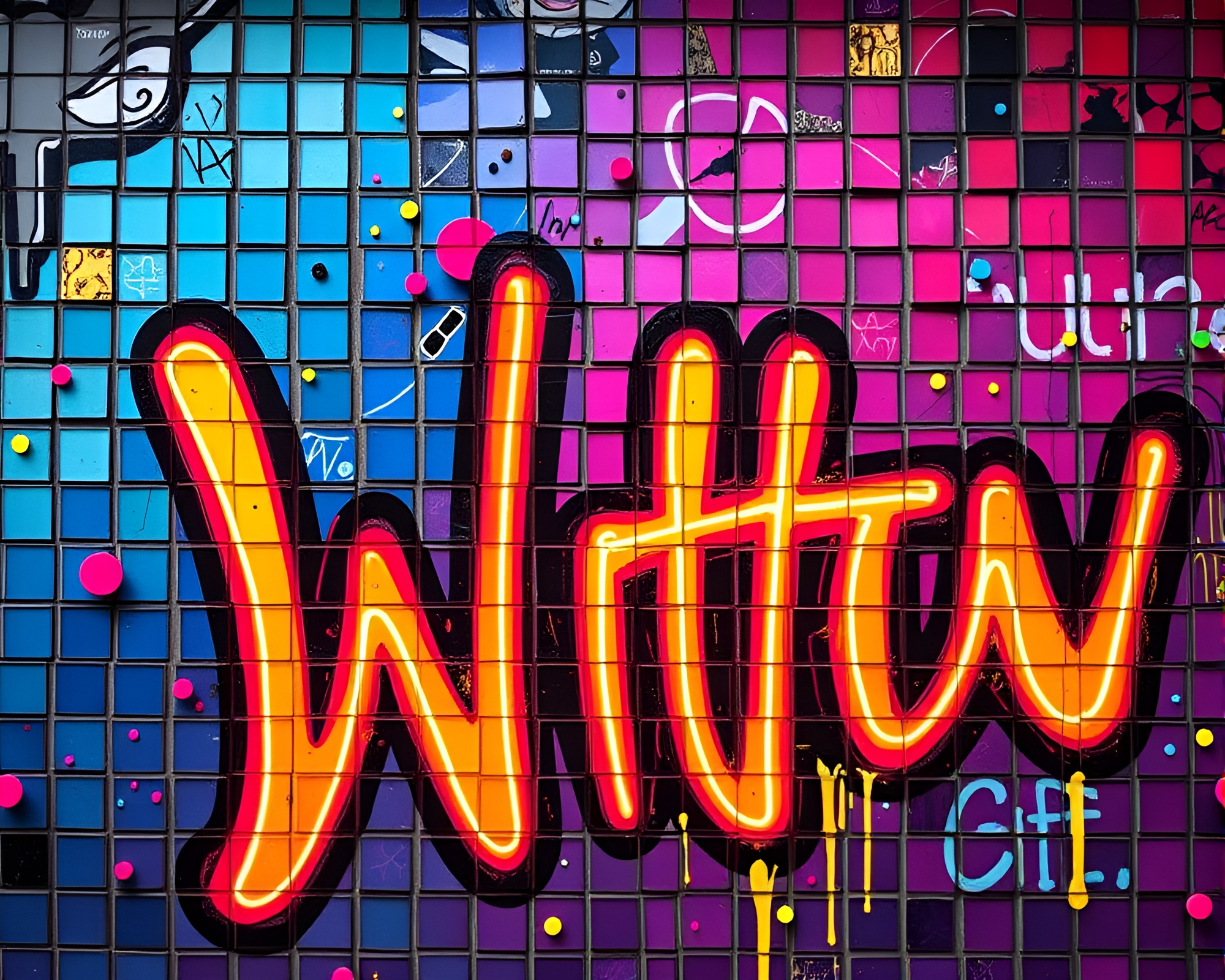 Neon Graffiti Mural in Jewel Tones Tiled Mosaic – free AI stock image