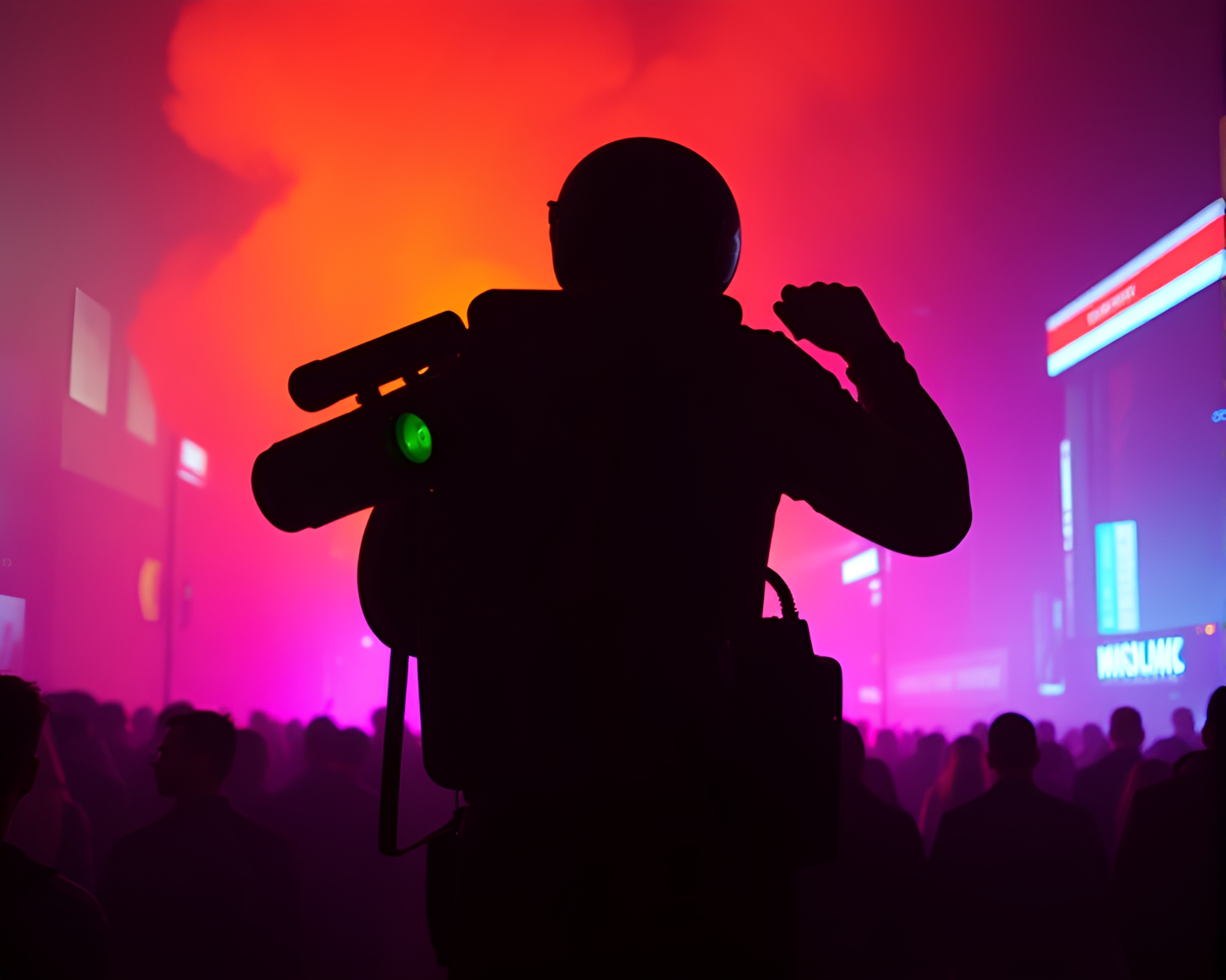 Jetpack-Wearing Silhouettes in Dystopian Thermal Crowd – free AI stock image