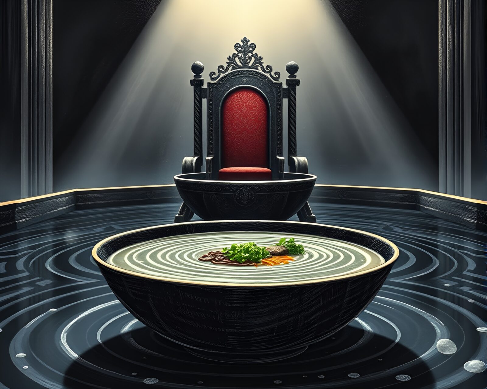 Surreal image of glowing ramen bowl reflected in rippling water