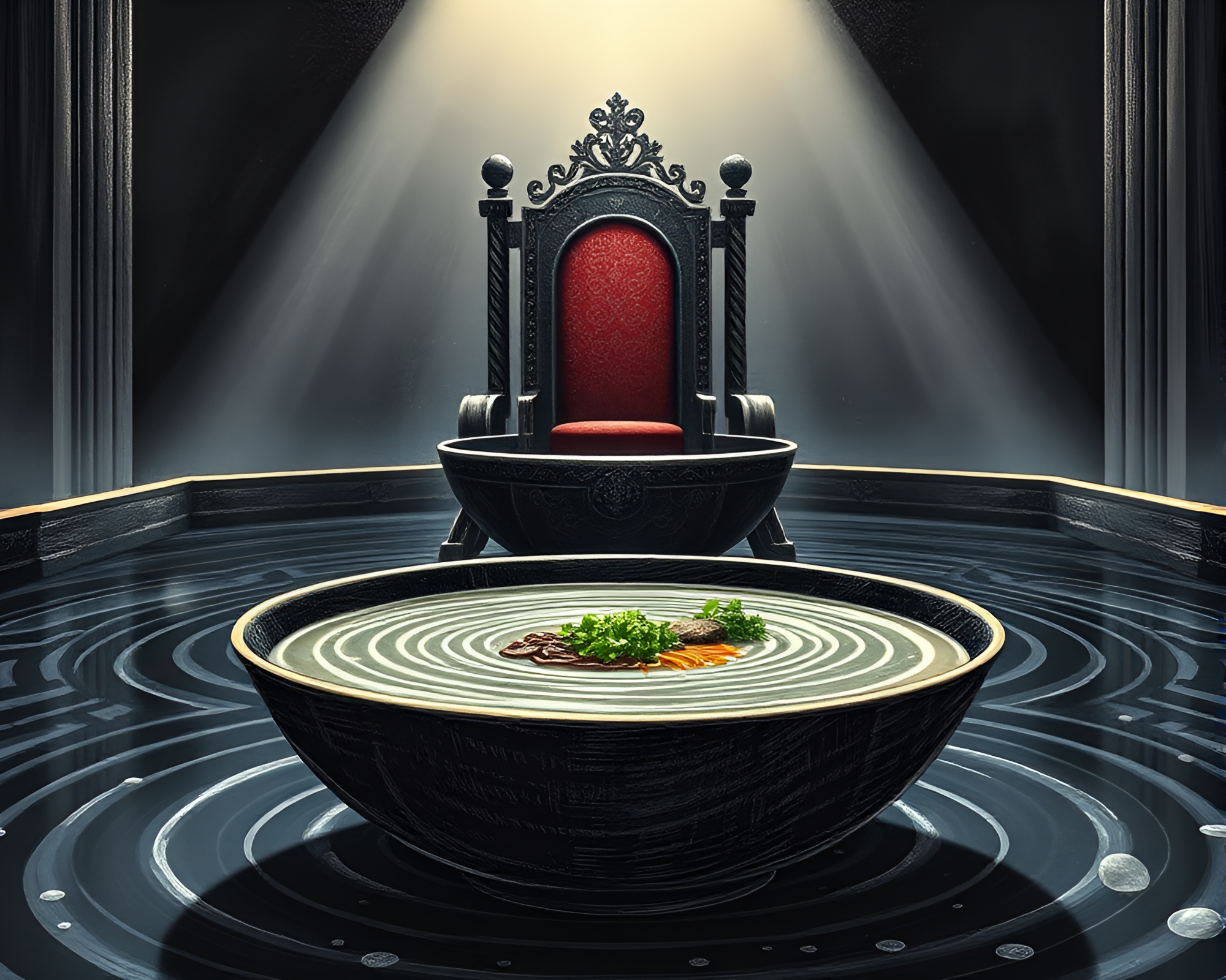 Ramen Bowl Reflection in Chalkboard Throne Room – free AI stock image