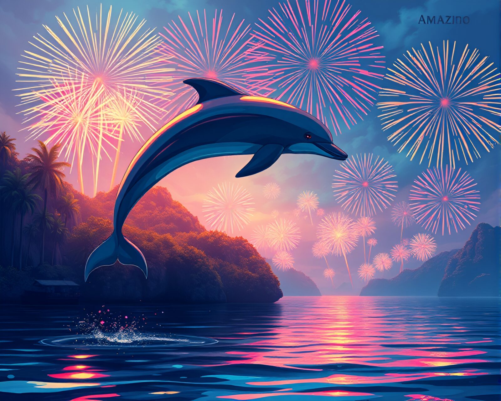 Vibrant toon-shaded dolphin gazing at colorful bursts