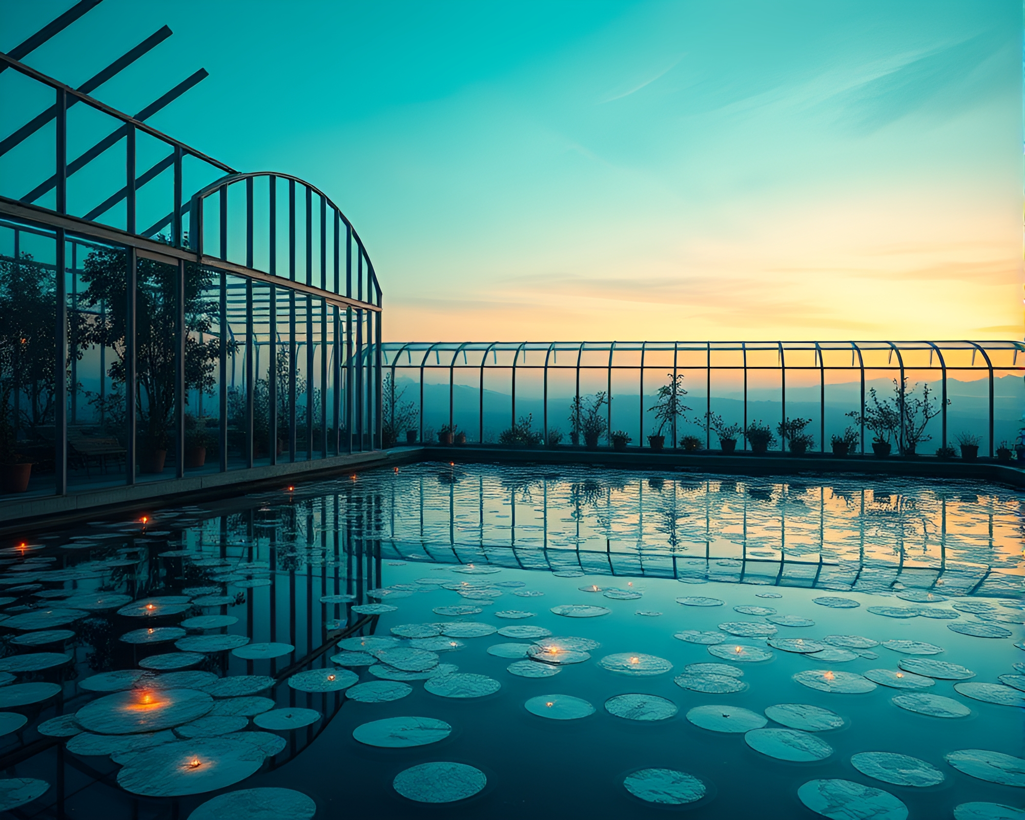 Teal Serenity: Glass Greenhouse with Floating Embers – free AI stock image