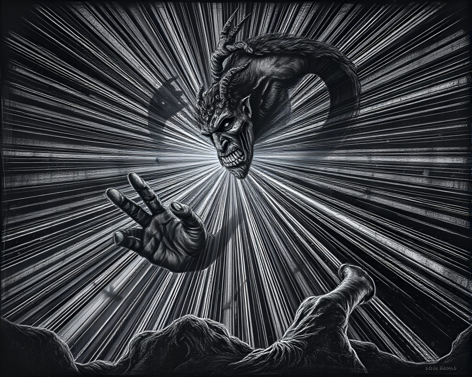 Beautifully rendered troll surrounded by heavenly light in monochromatic tones