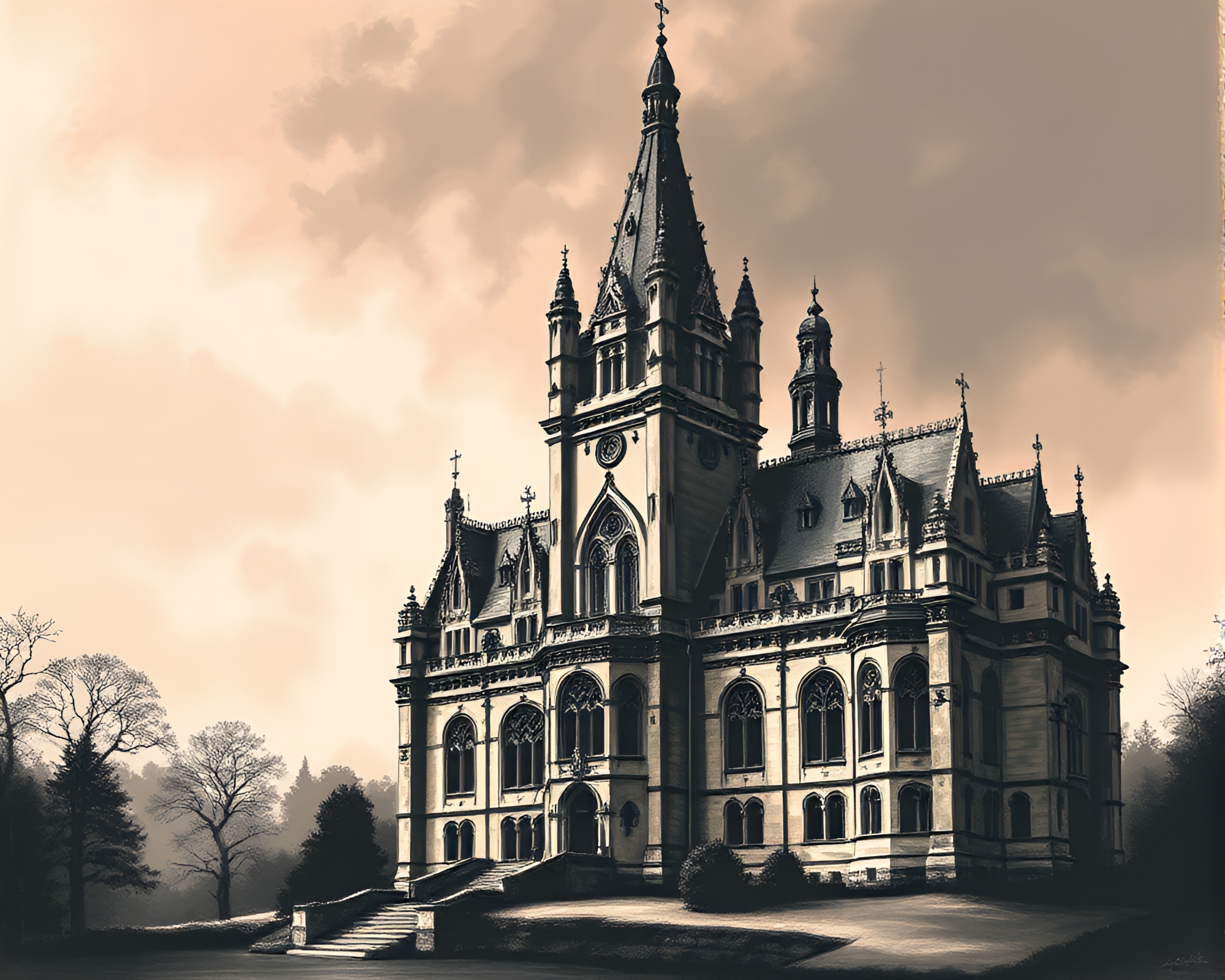 Neo-Gothic Mansion Charcoal Sketch Pixelated Composition – free AI stock image
