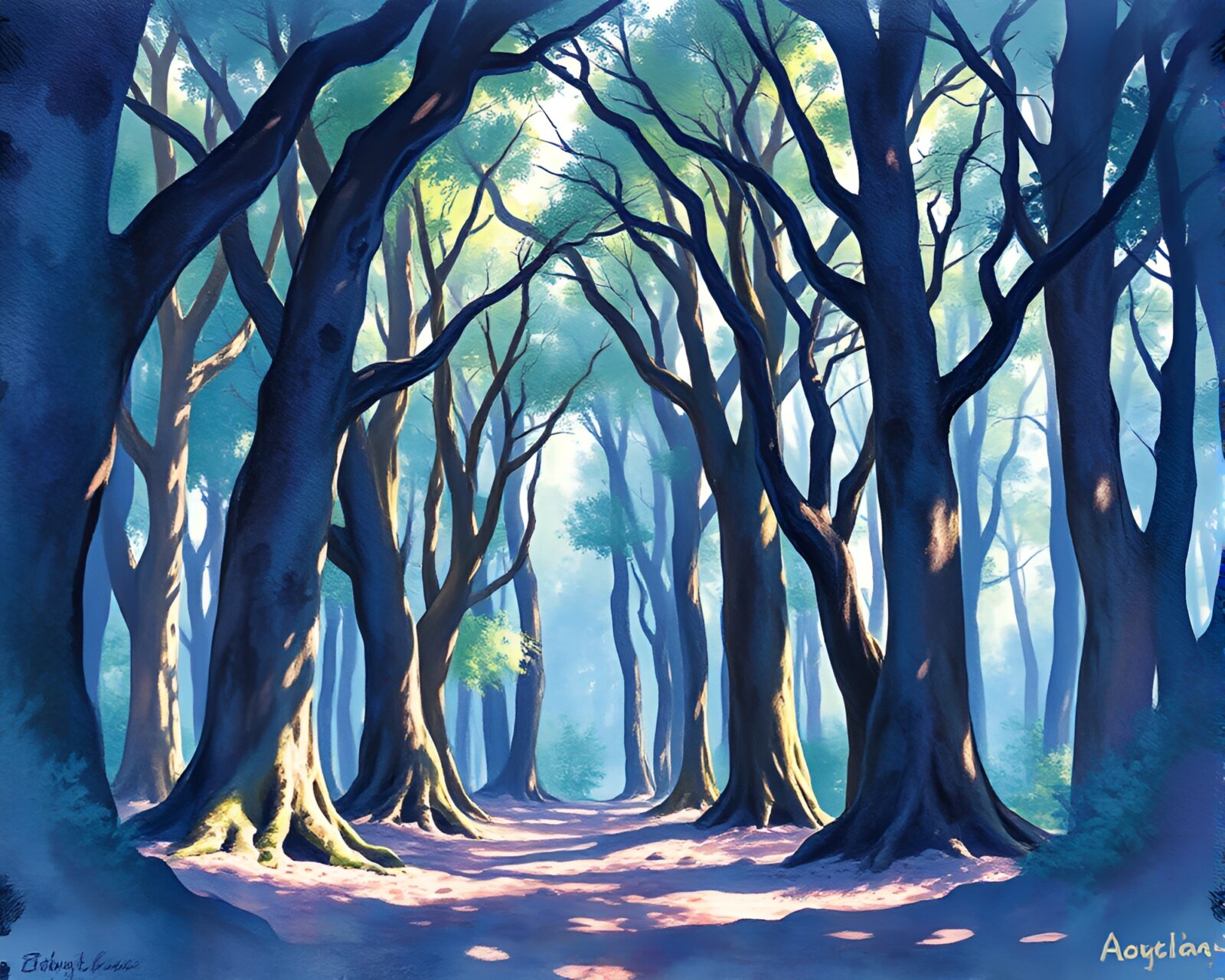 Mystical forest scene with vibrant colors and distorted light