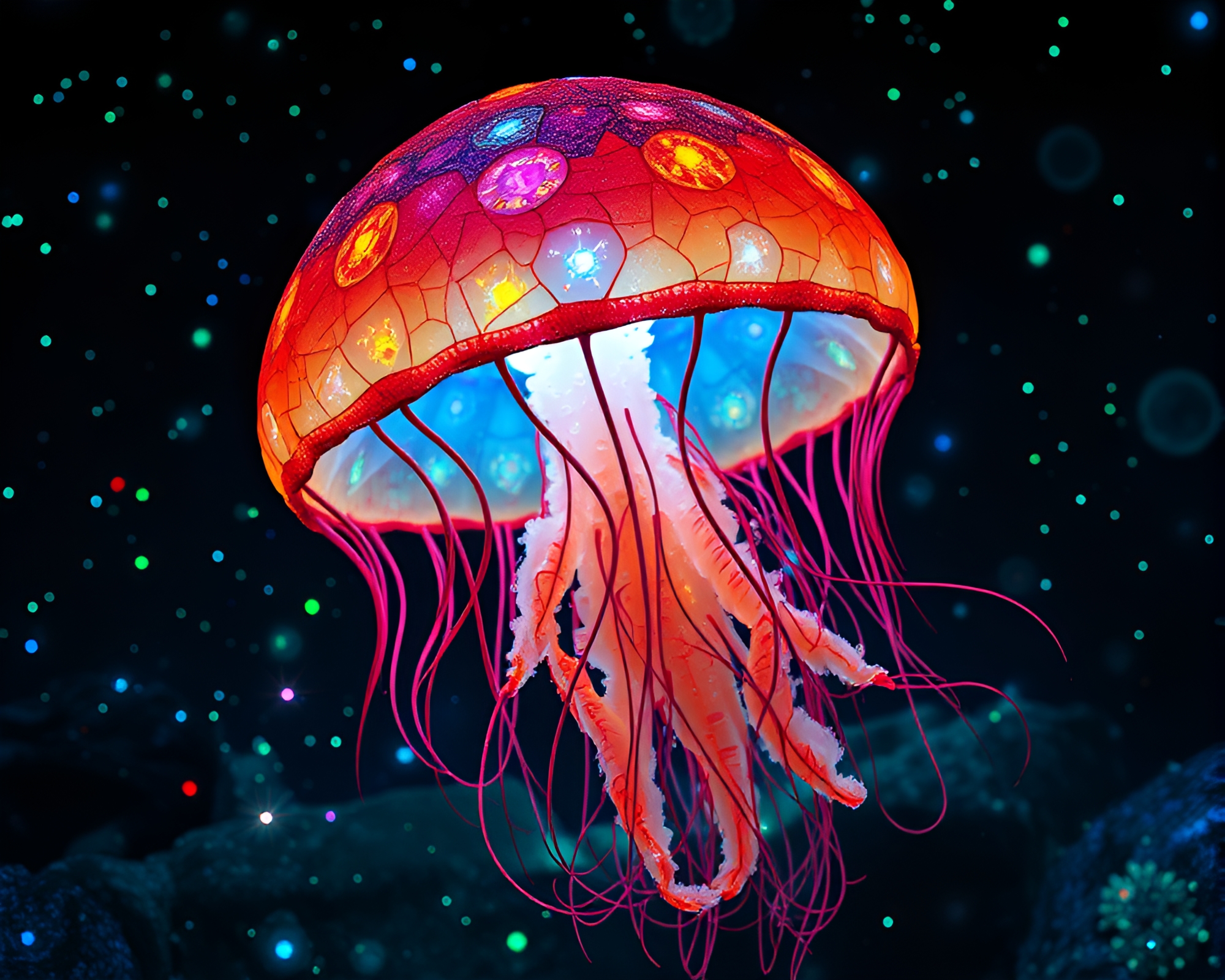 Bioluminescent Jellyfish Mosaic Illuminated by Dungeon Torchlight – free AI stock image