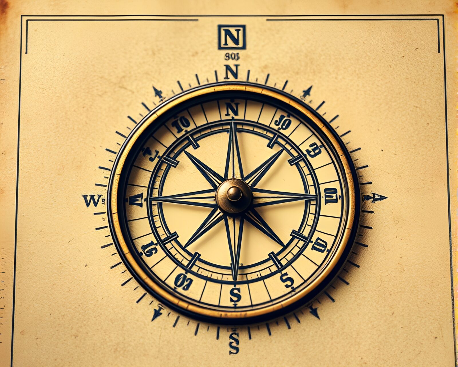 Muted earth tones frame a detailed antique compass depiction.