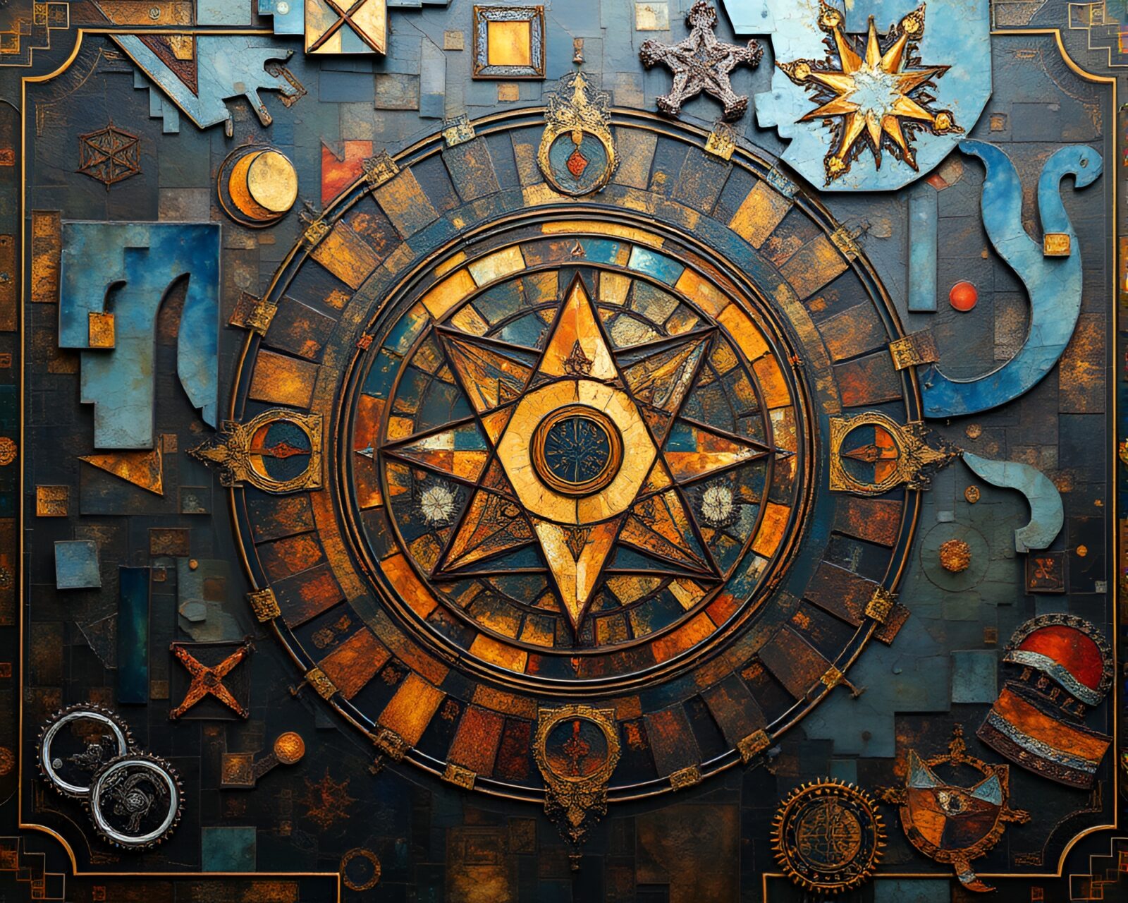 A surreal utopian painting with alchemical symbols and rich oil textures