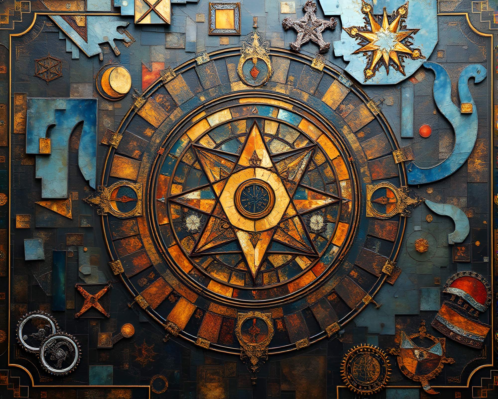 Utopian Alchemical Symbols in Fragmented Mosaic Bliss – free AI stock image