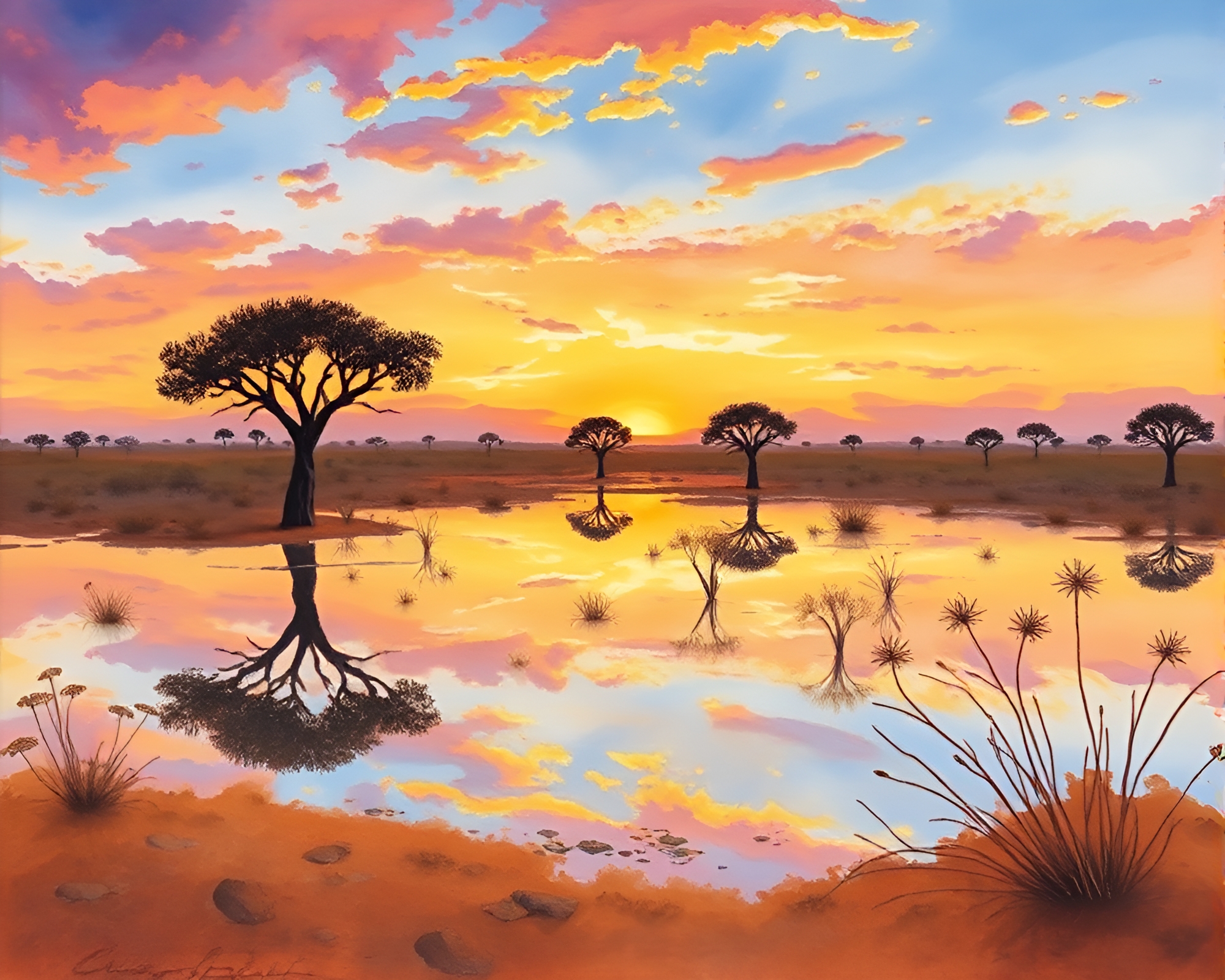 Savannah Sunset Mirror Shard Reflection – free AI stock image
