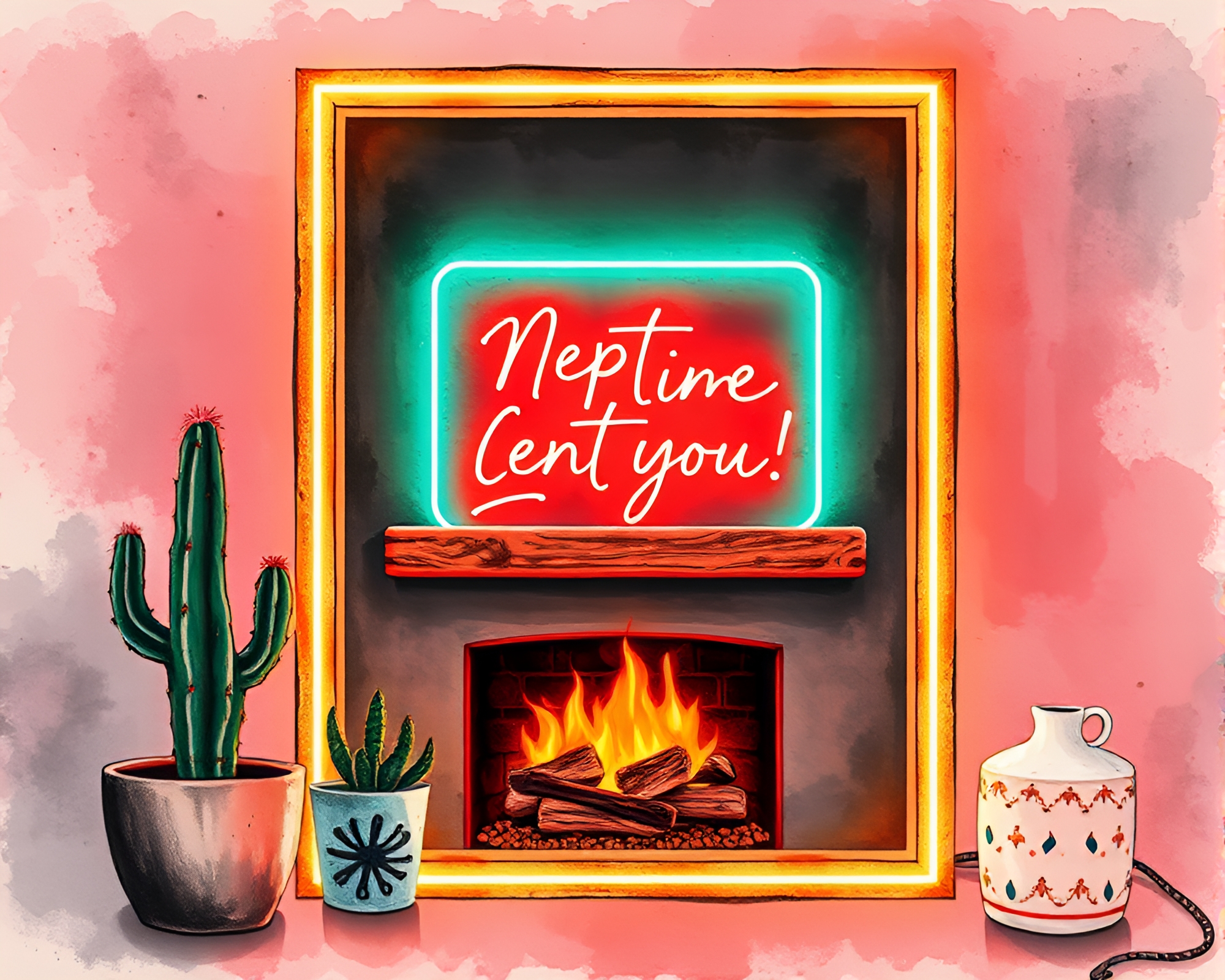 Neon Cactus Glow in Firelit Ink Wash Frame – free AI stock image