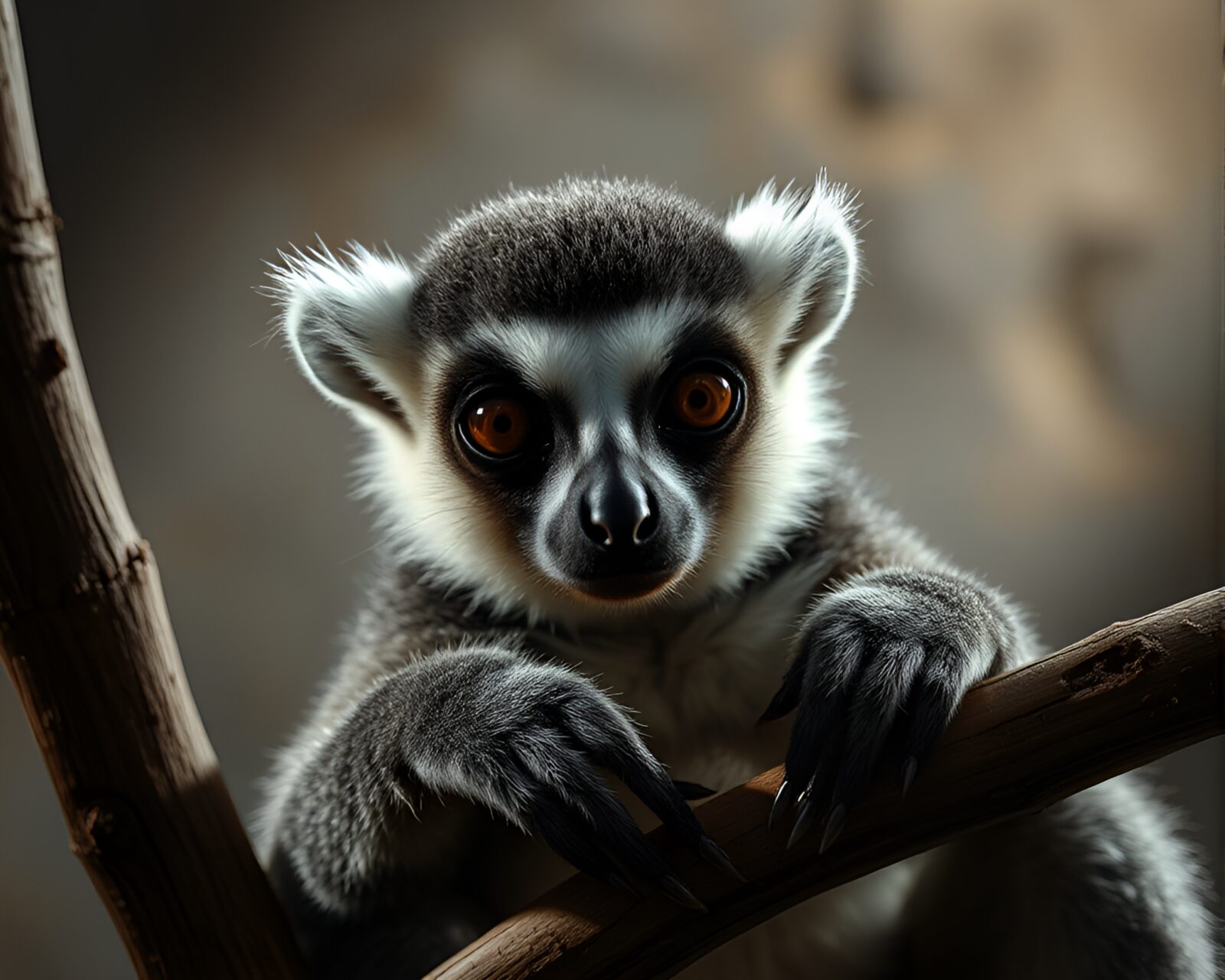 A shadowy attic scene with a stereoscopic lemur display.
