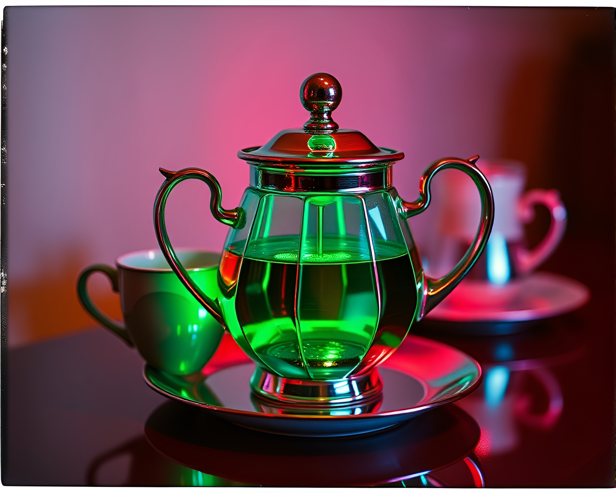 Emerald Glow: Neon Reflections on Tea Set – free AI stock image