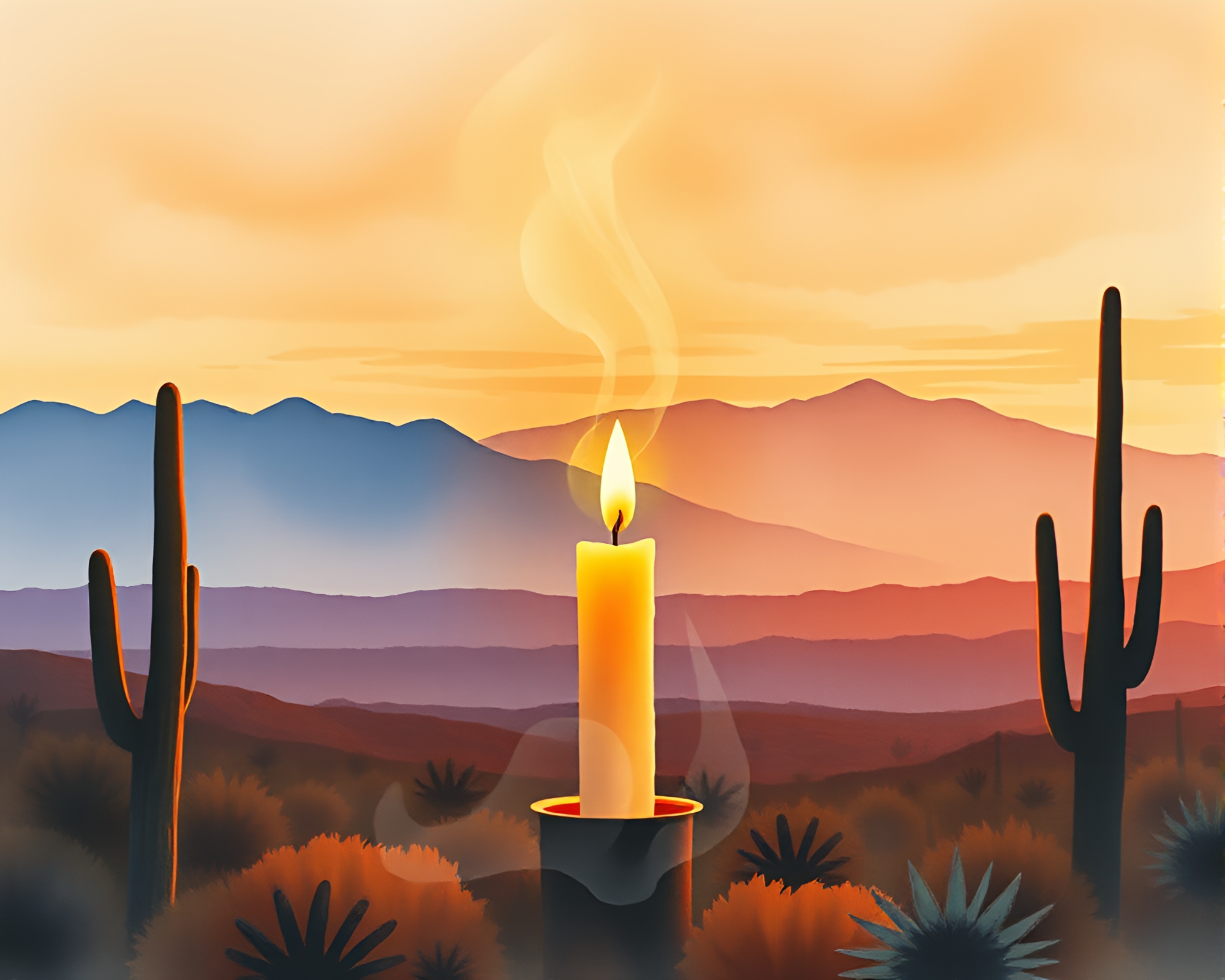 Valley Sunset with Mystical Candle Smoke Wisps – free AI stock image