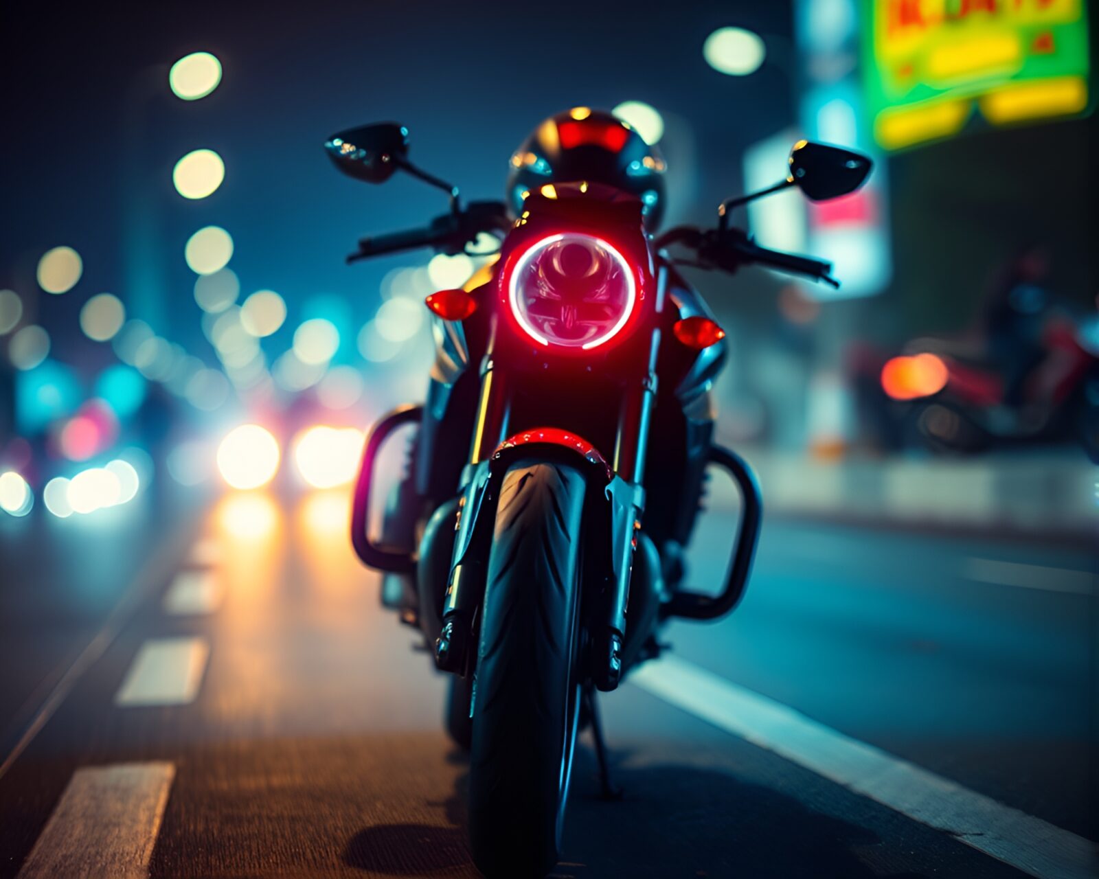 Vibrant neon motorcycle on blurry background with flickering lights