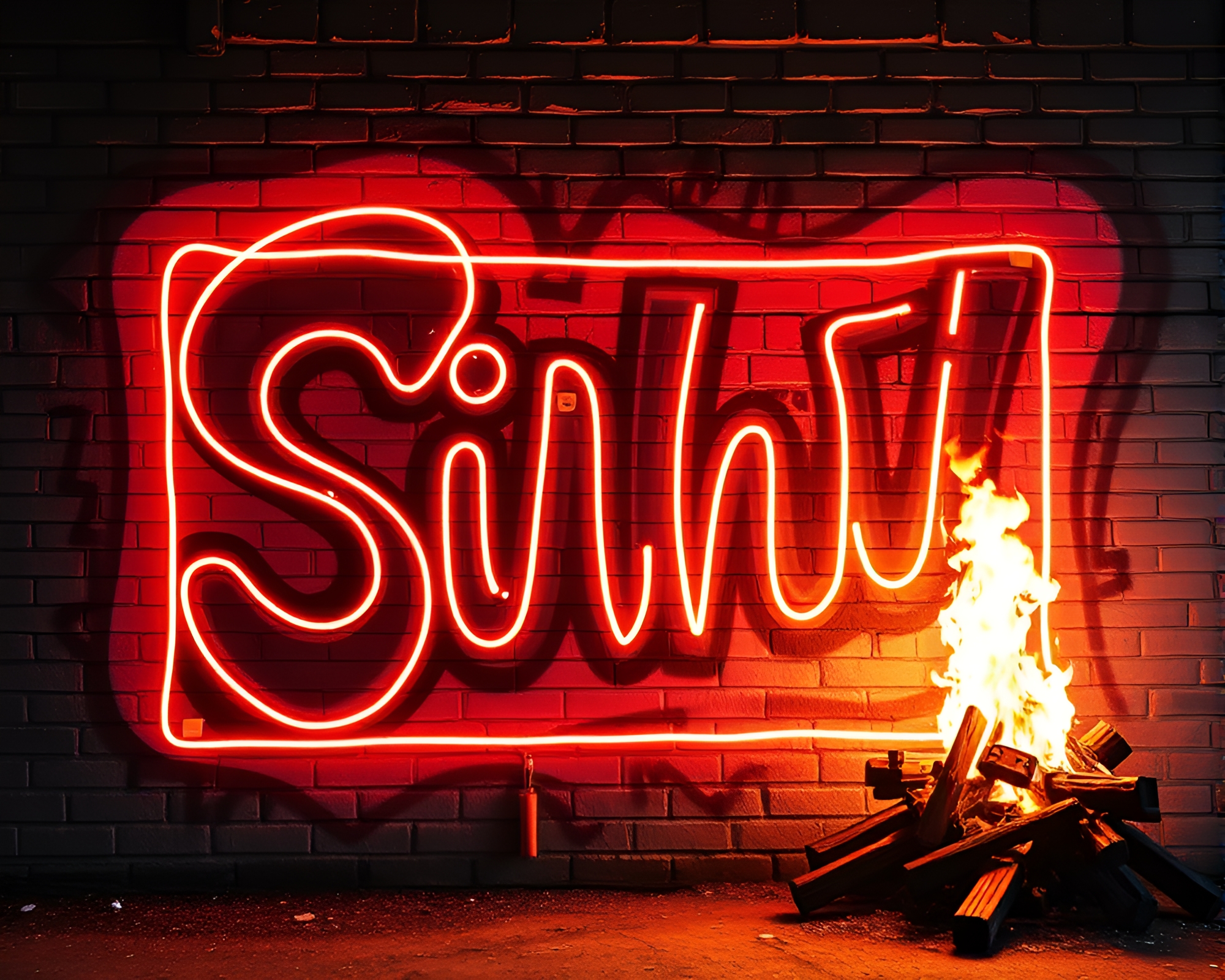 Vibrant Neon Bonfire Mural with Crosshatch Shading – free AI stock image
