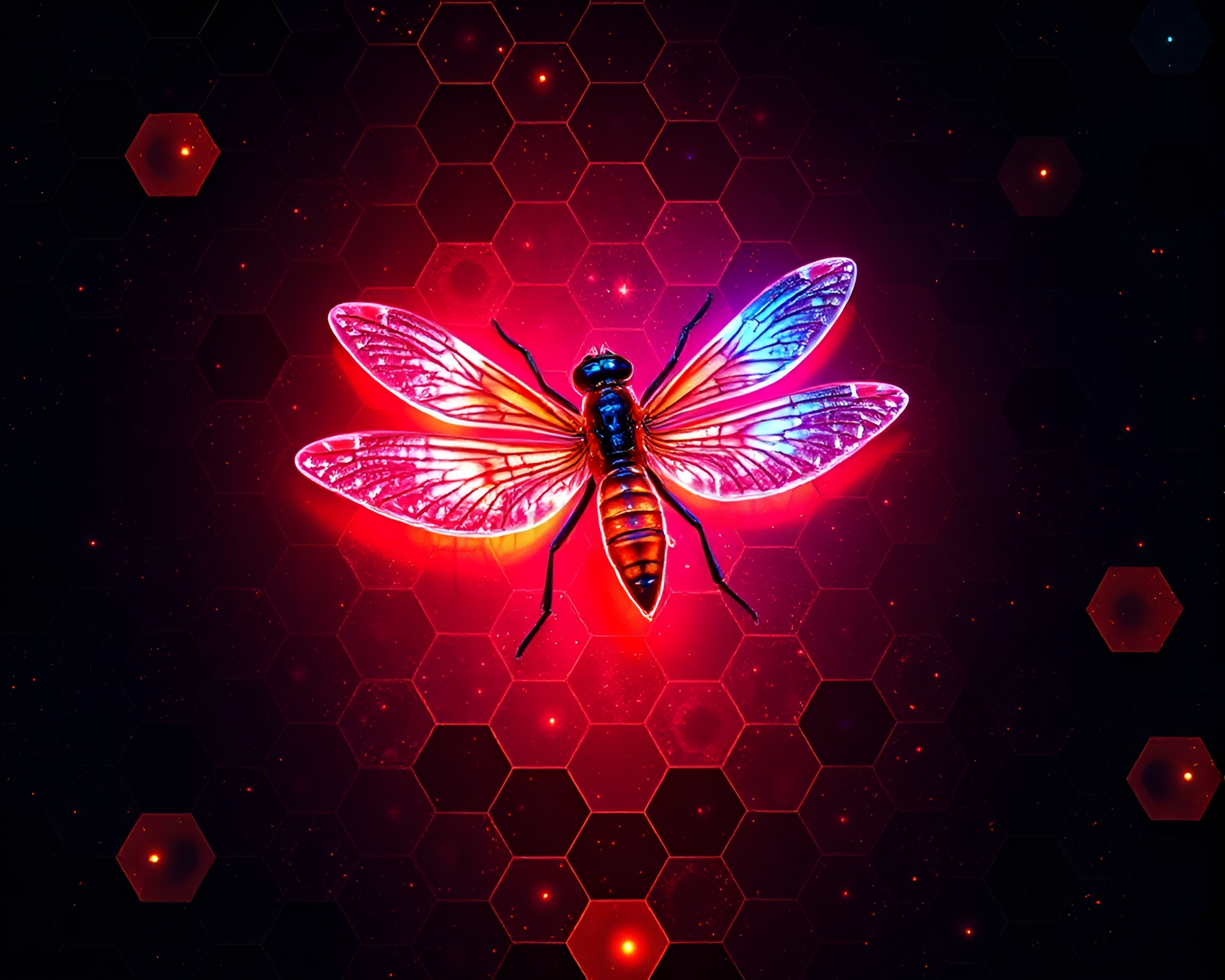 Hexagonal Siren Glow: Glitch Art Firefly Illumination – free AI stock image