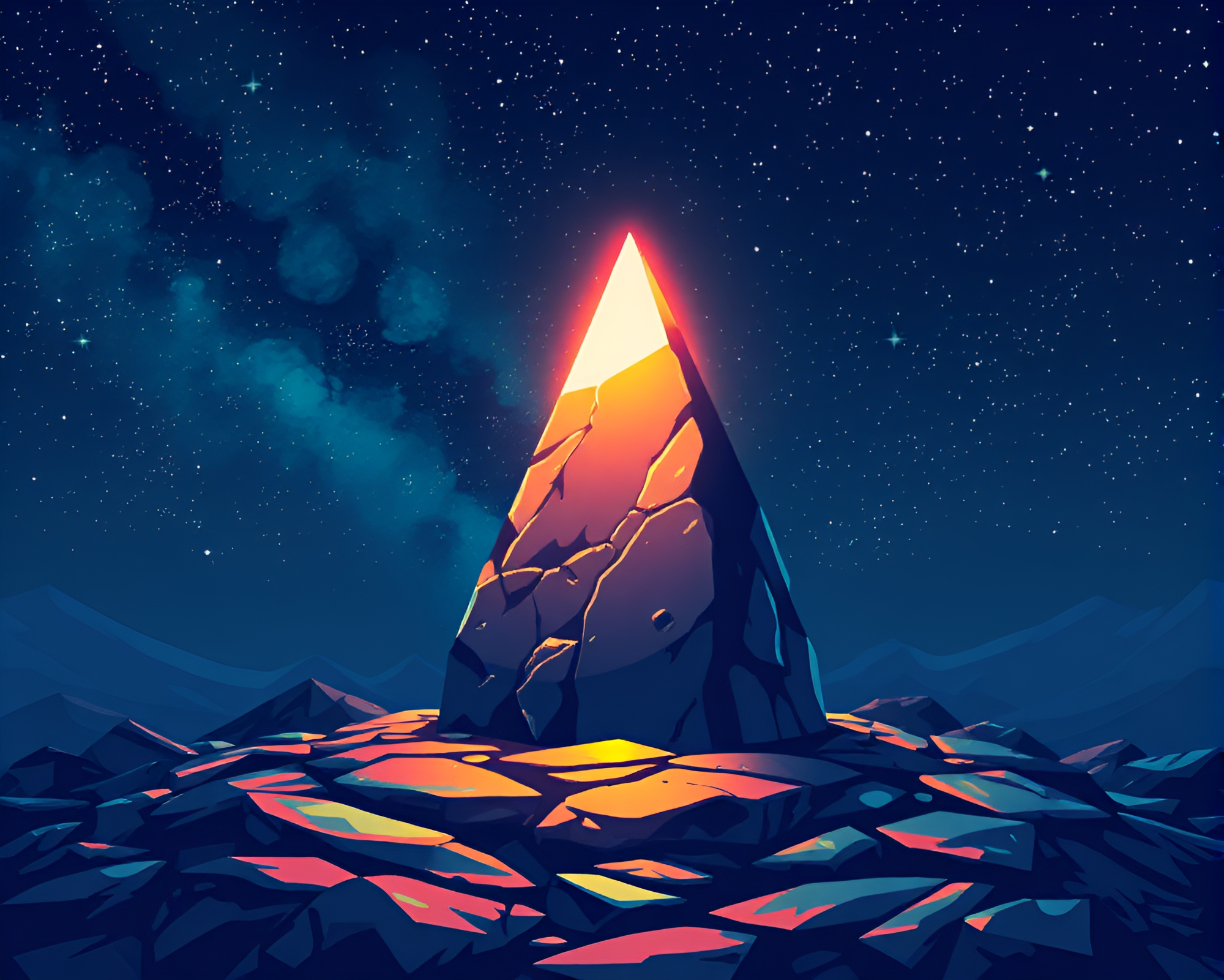Prism Refraction on Glowing Rune Stone in Starlit Sky – free AI stock image