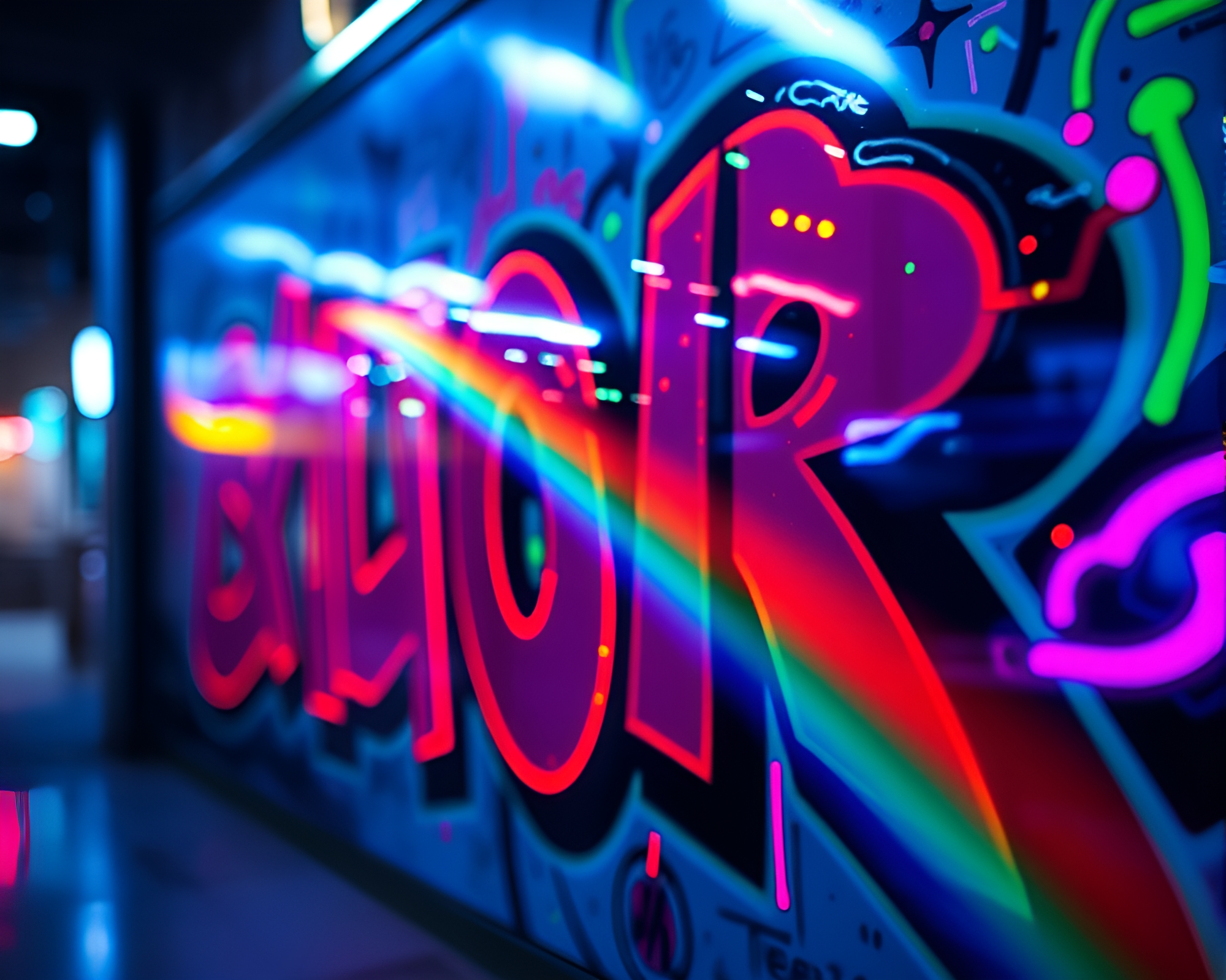 Vibrant Neon Graffiti Rainbow Refraction Bokeh Lights – free AI stock image