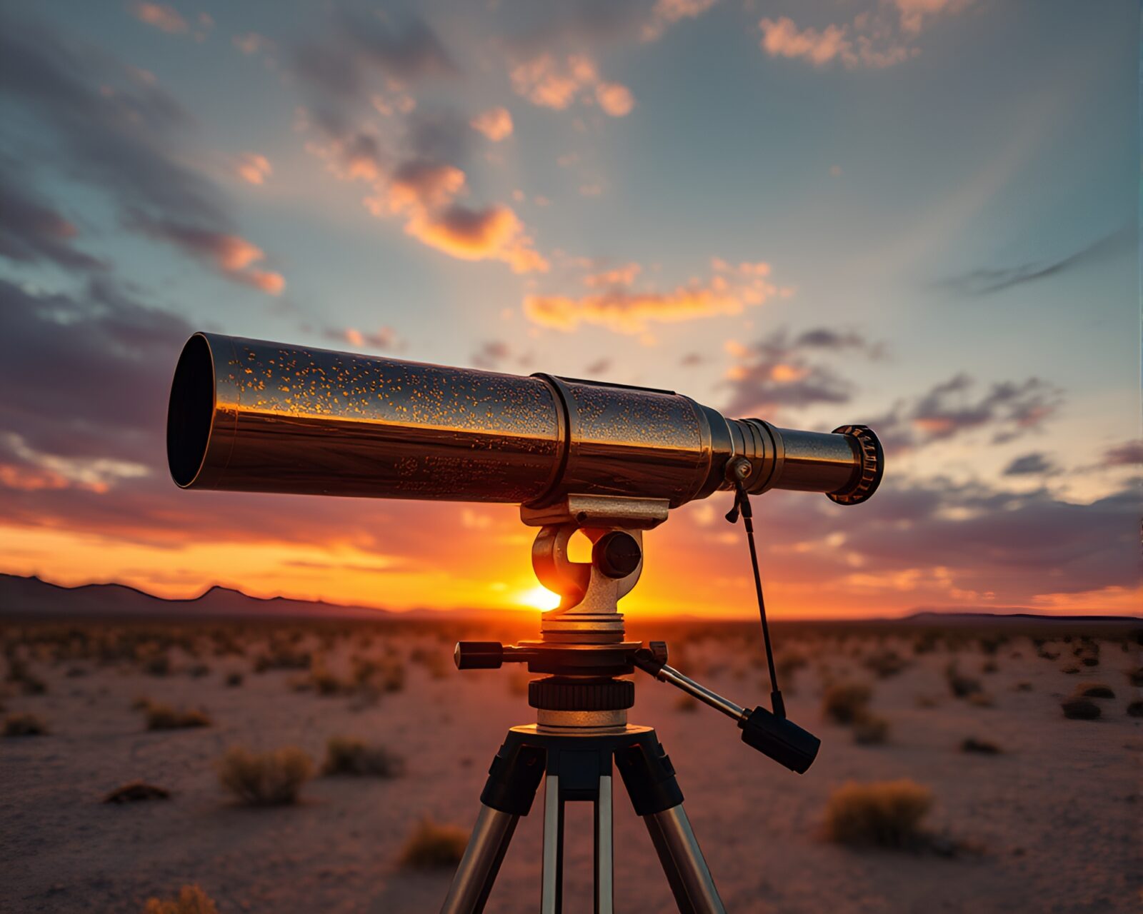 Glistening gold foil telescope under warm desert sundown