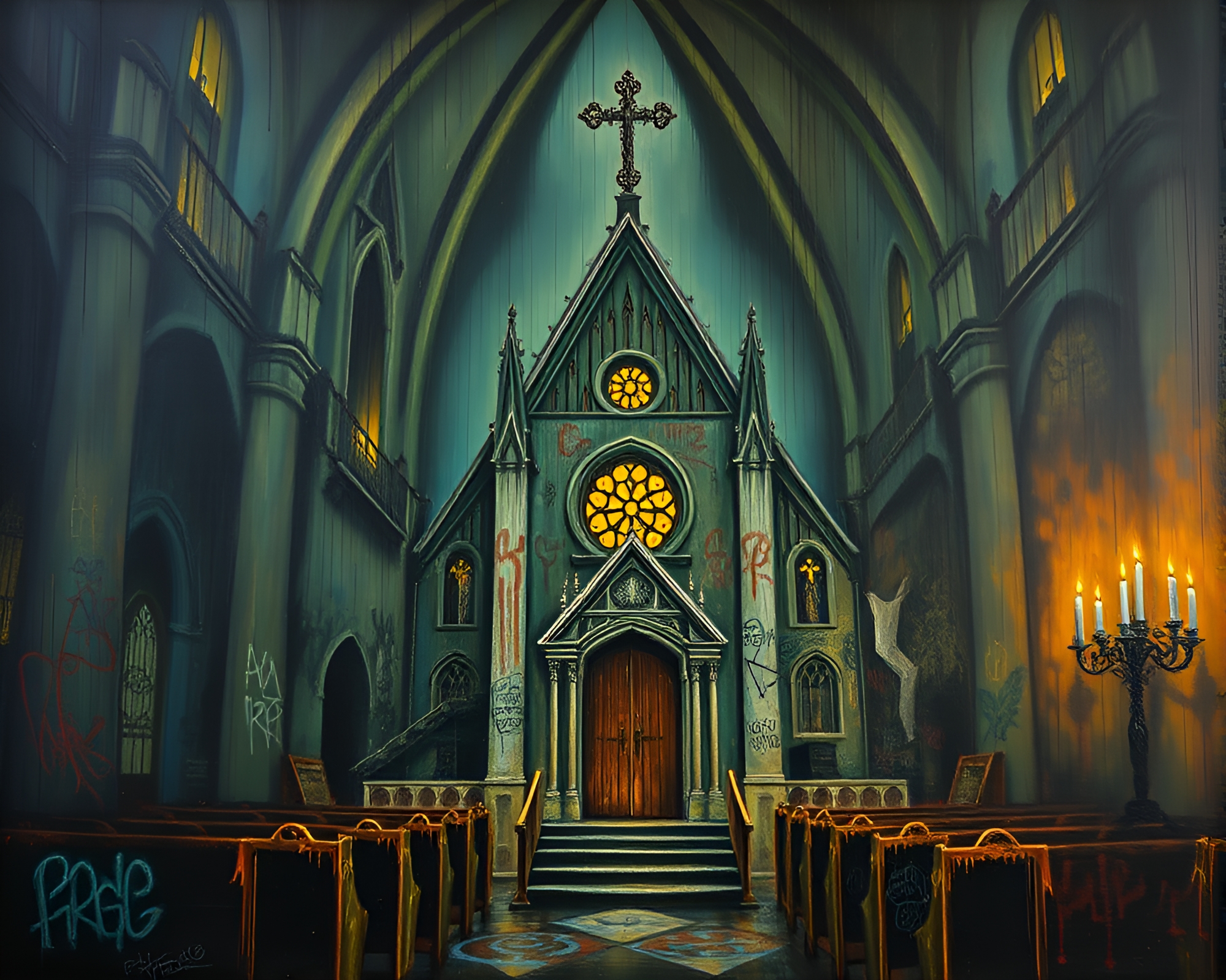Eldritch Graffiti Illuminated by Church Candlelight – free AI stock image