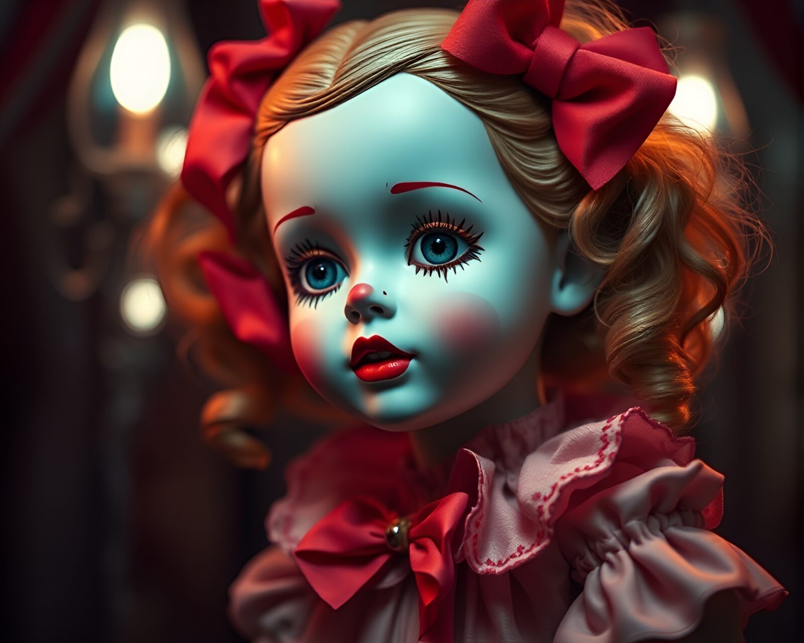 A porcelain doll illuminated by colorful carnival lights