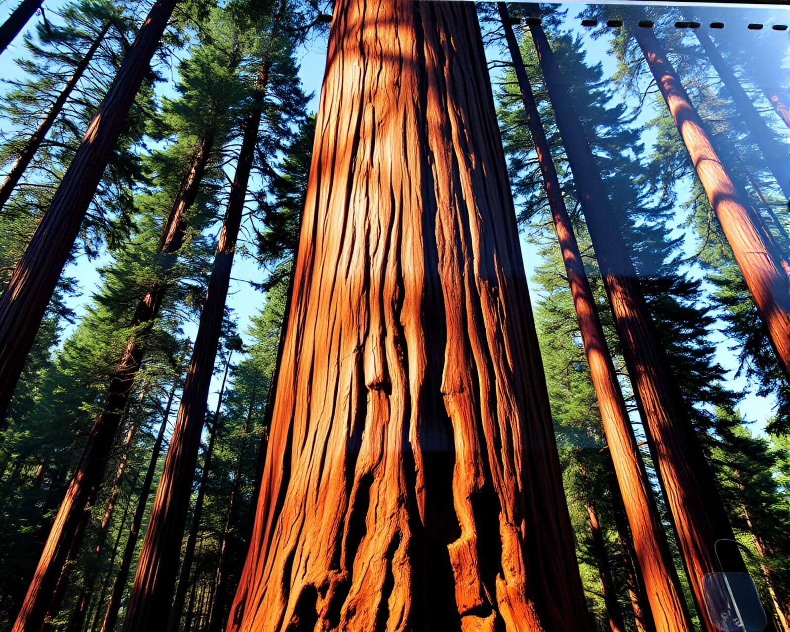 Colorful tags wrapping around giant redwood tree in city