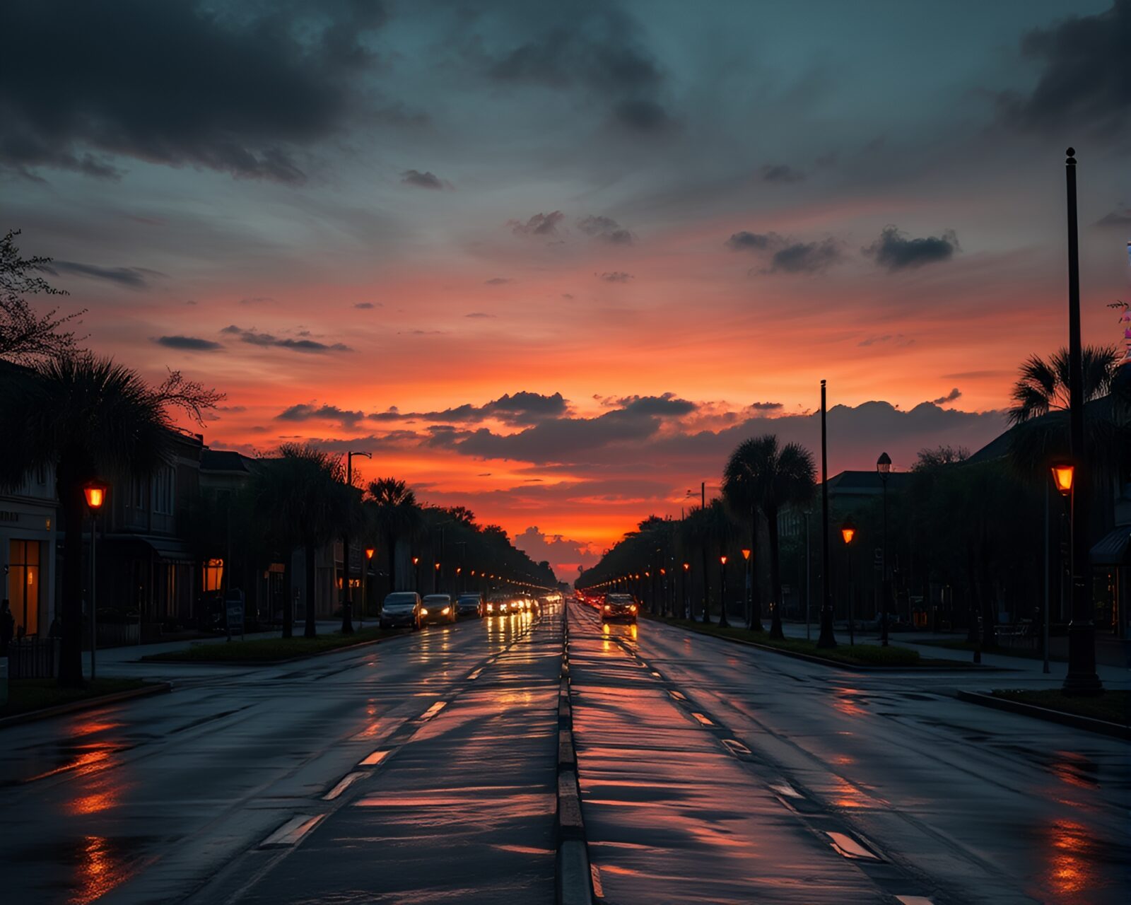 Mixed media art showing a dusky savannah with wet pavement