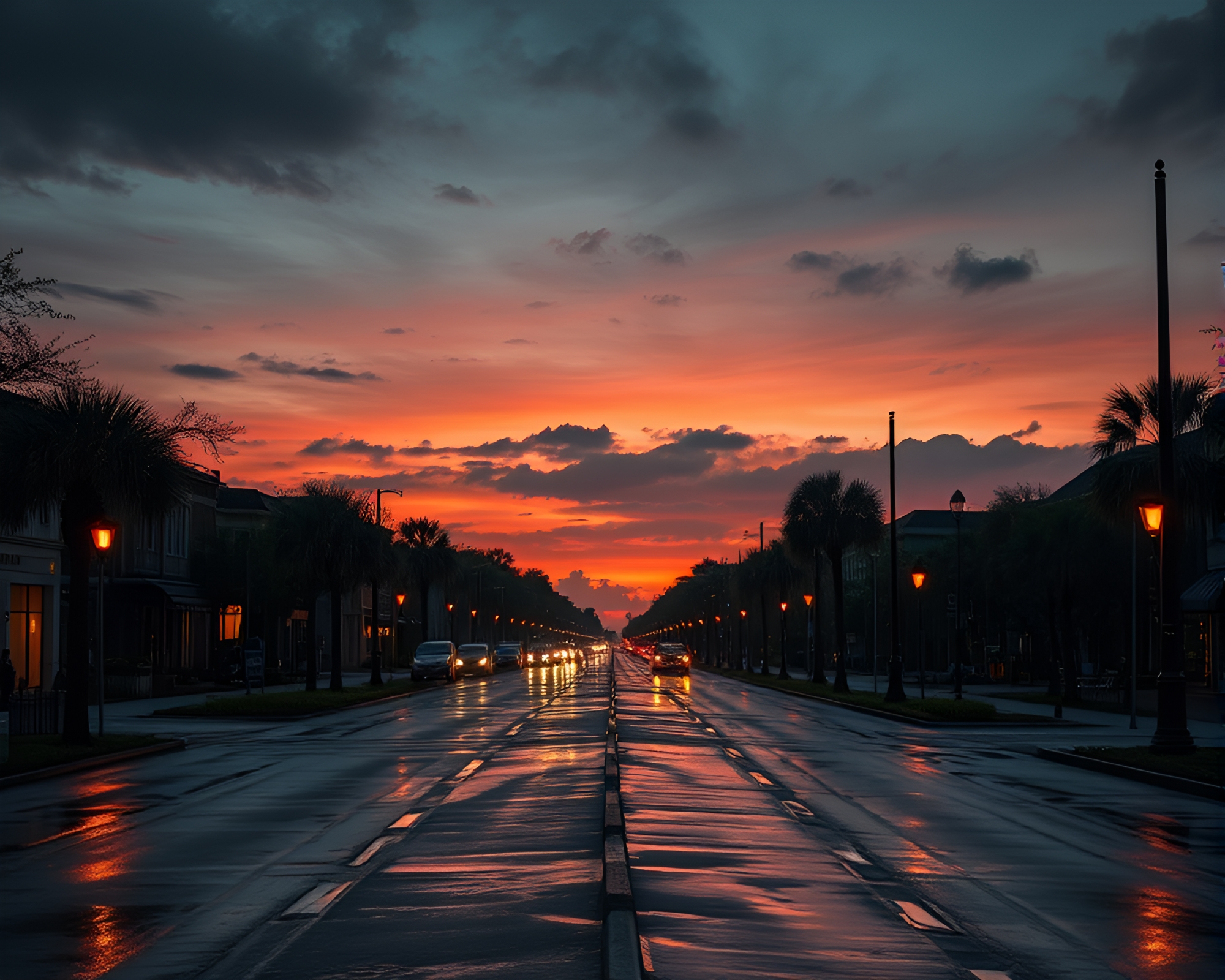 Savannah Twilight: Wet Pavement Mixes with Nature – free AI stock image