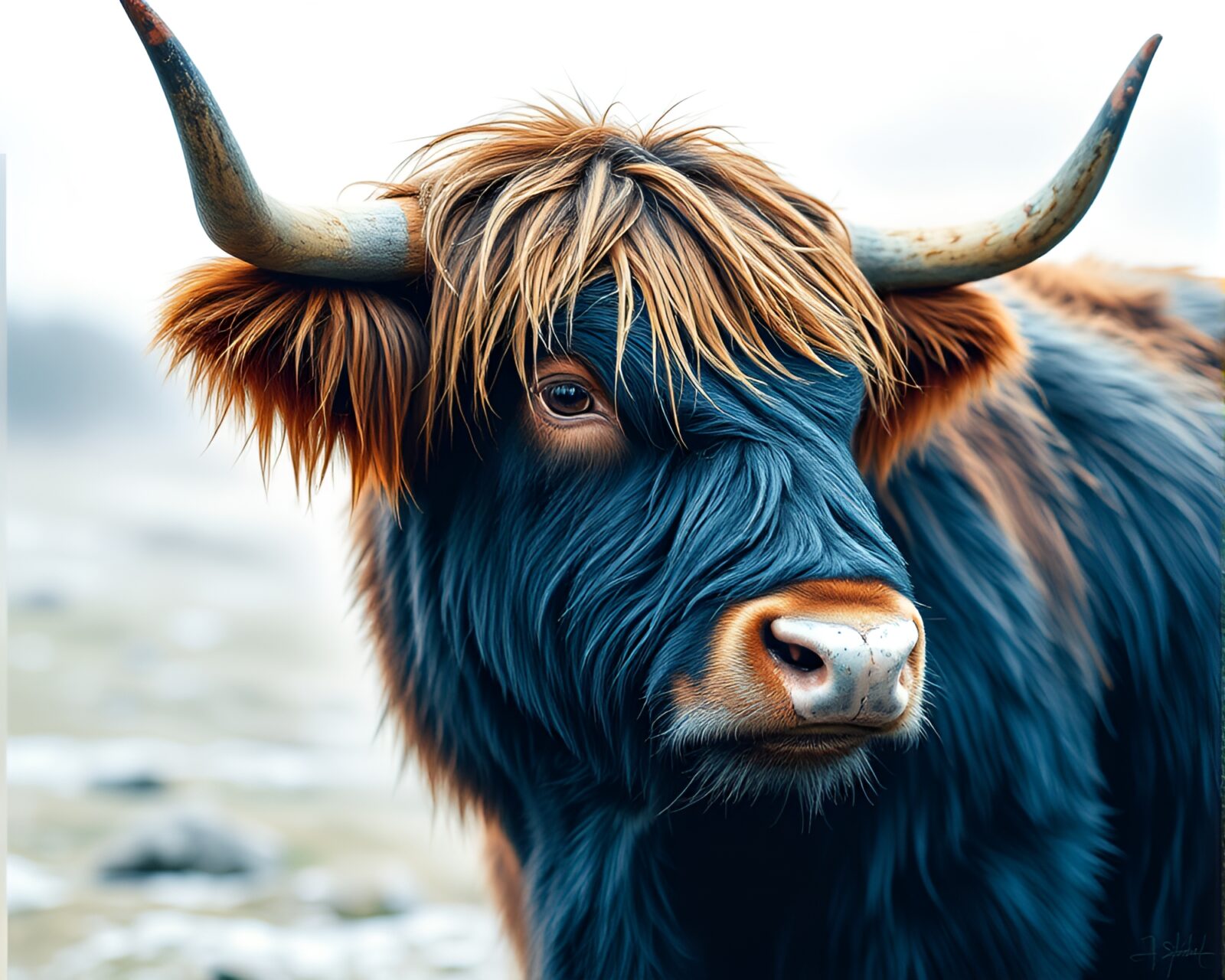 Highland cow with neural art style in icy blue ambiance