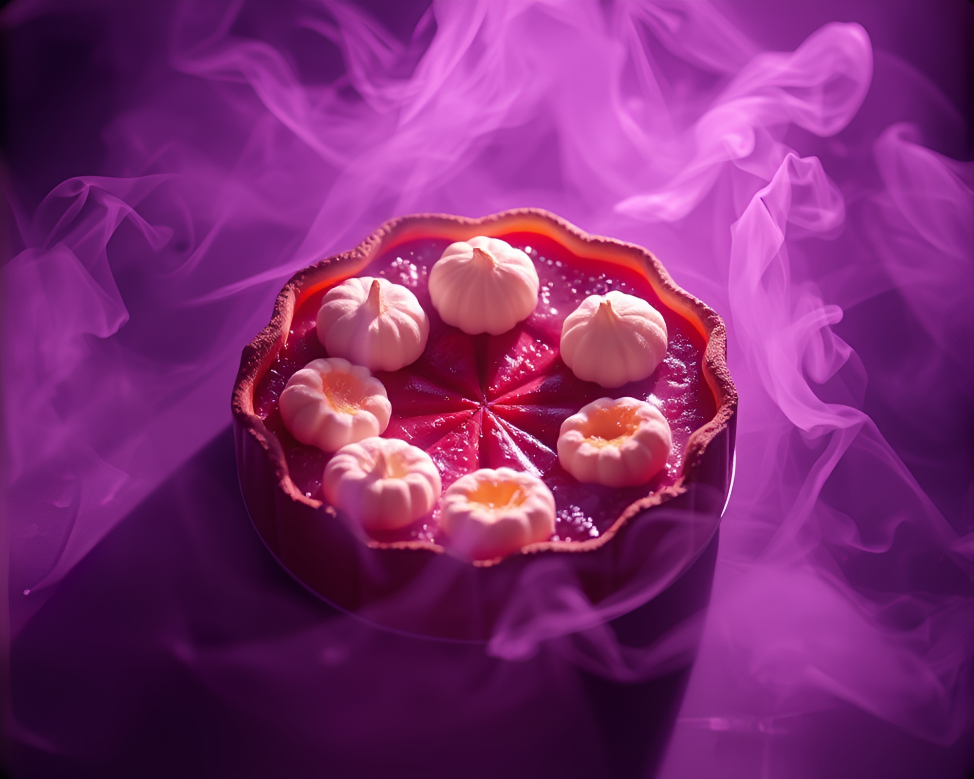 Hazy Amethyst Smoke Rings Swirl around Pumpkin Pie – free AI stock image