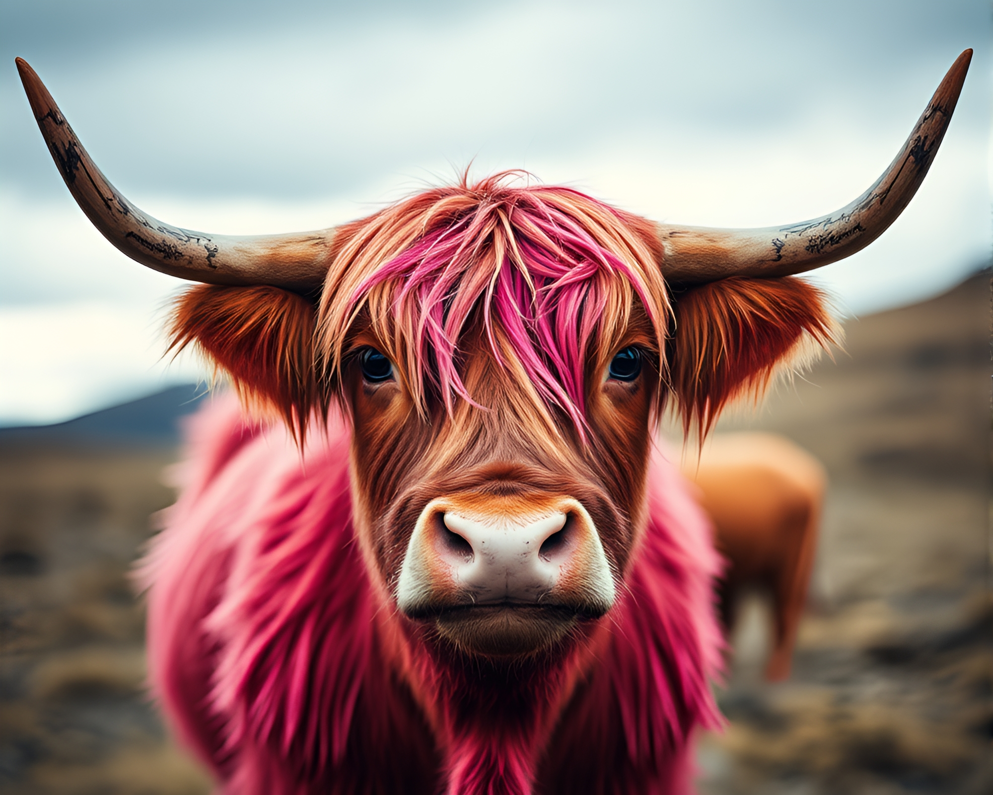 Magenta Highland Cow In Selective Focus Concept Art – free AI stock image
