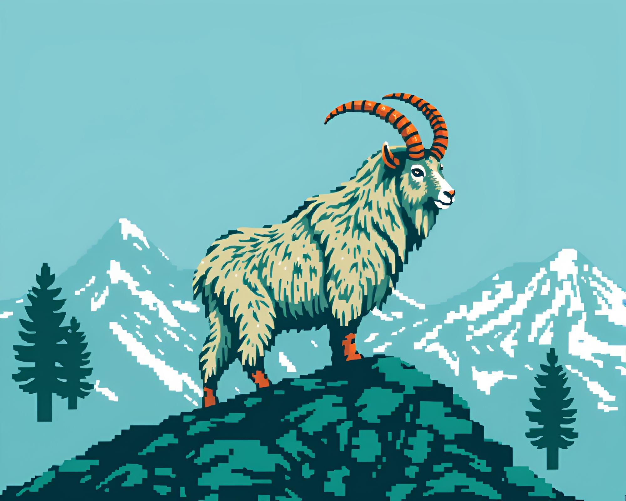 Copper Verdigris Mountain Goat in Arctic Blue 8-Bit Style – free AI stock image