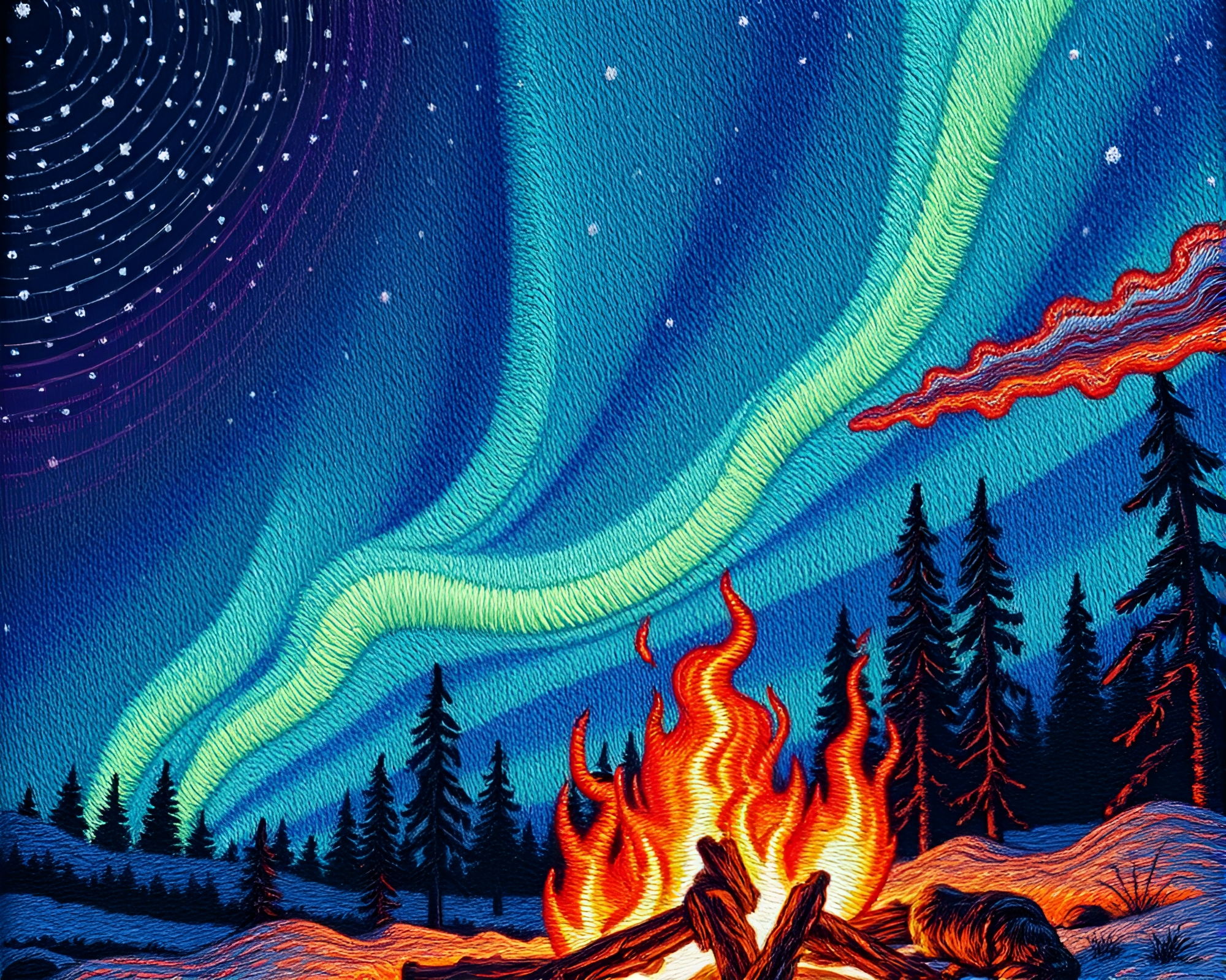 Aurora Borealis Tapestry by a Bonfire at Night – free AI stock image