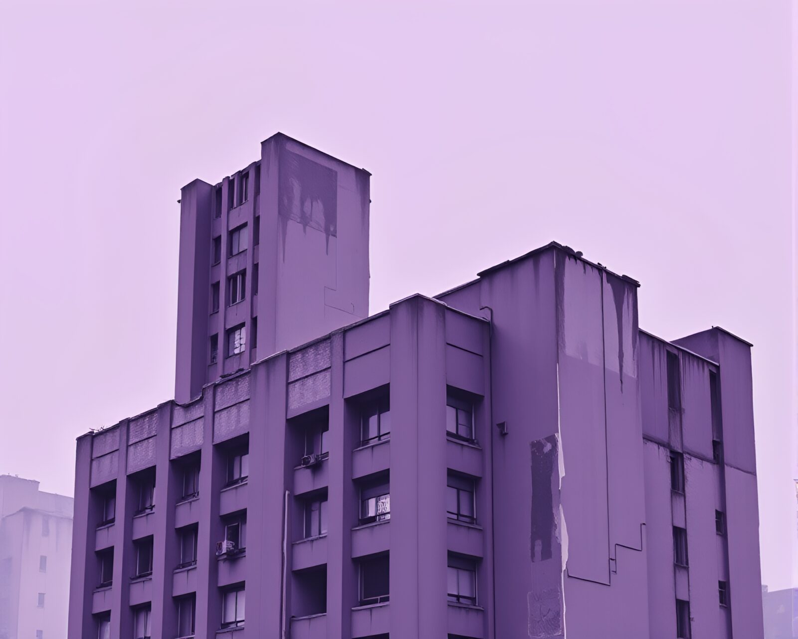 Matte painting of a majestic Brutalist building in purple light