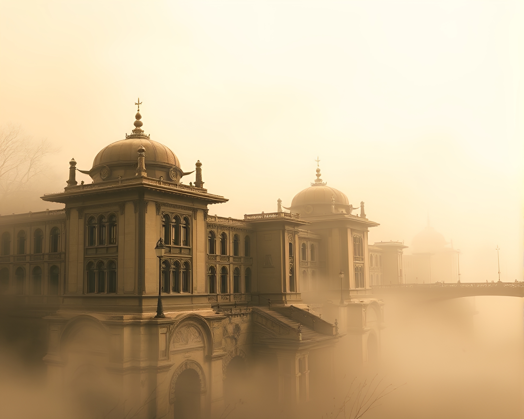 Dragonfly Architectural Mystery: Sepia Fog Banks – free AI stock image