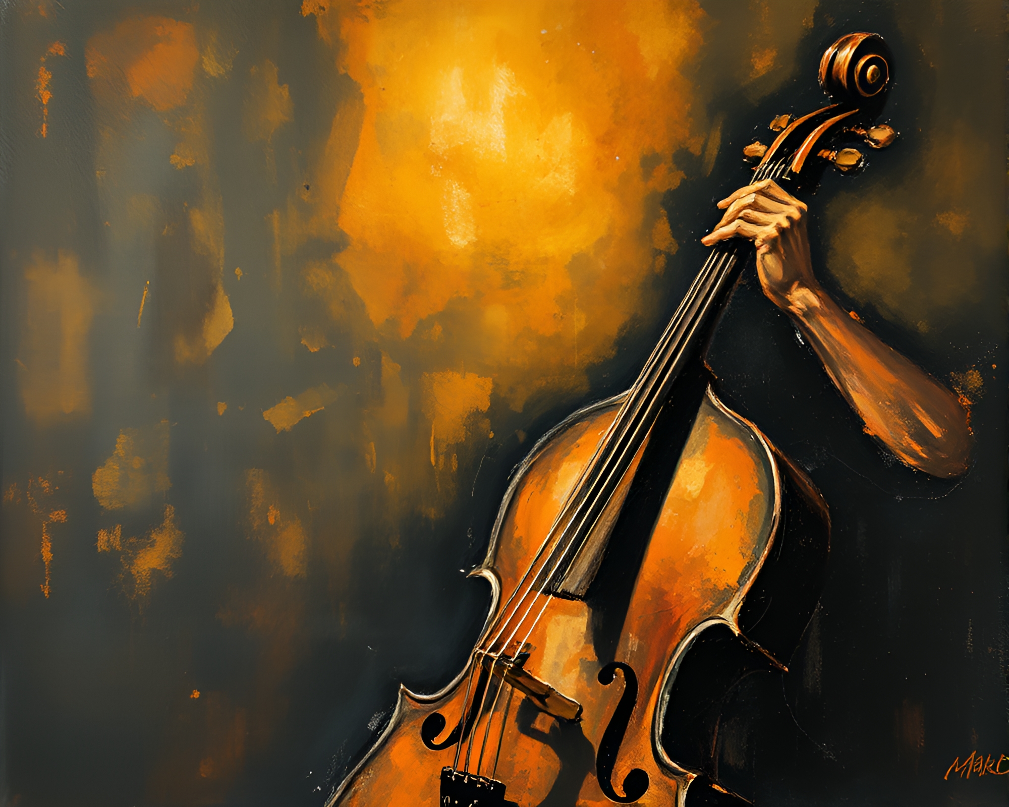 Impasto Cello Harmony in Warm Evening Light – free AI stock image