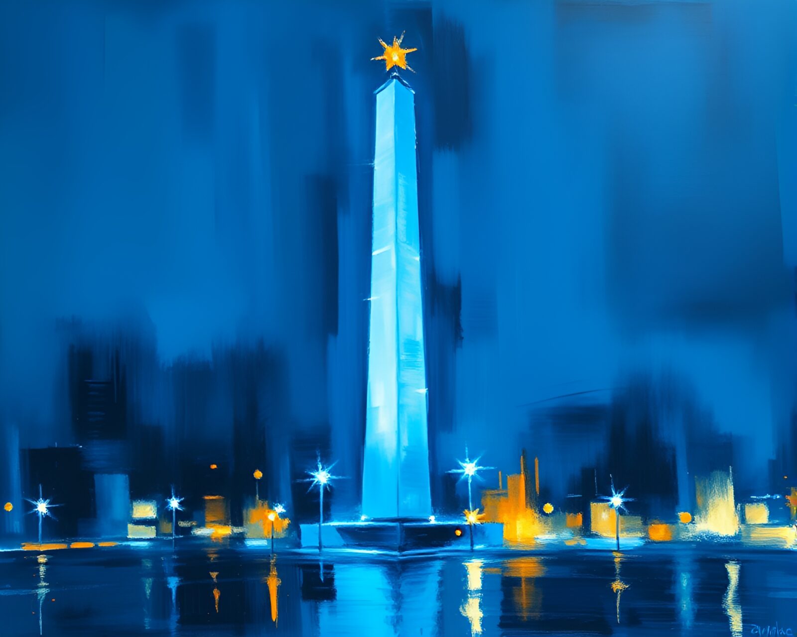 Abstract painting of obelisk with steel-blue tones and double exposure